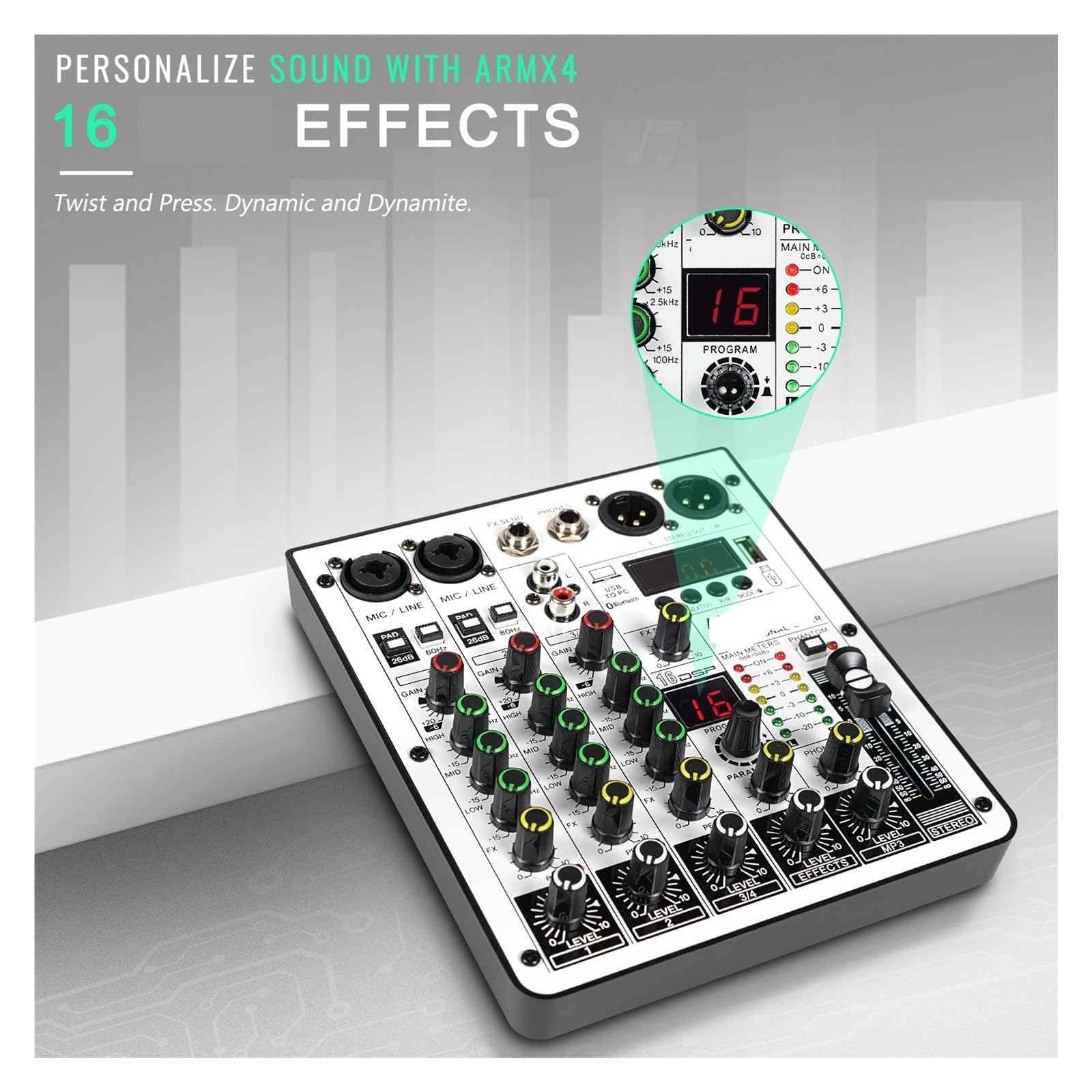 Mixer Audio A 4 Canali, Mixer DJ Con Interfaccia Audio USB, Funzione Bluetooth, 16 Effetti Ed EQ A 3 Bande