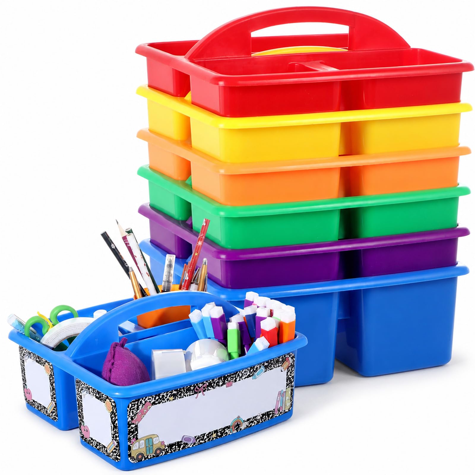 Confezione da 6 organizer colorati per aule con etichette adesive per quaderni, 3 scomparti, forniture per insegnanti, da tavolo, per scrivania, ufficio, artigianato, arte, scuola