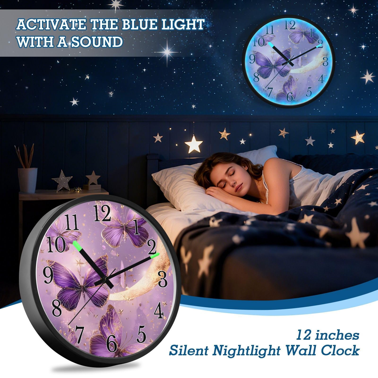 Mnsruu Reloj de pared luminoso con diseño de mariposa morada, luna, mariposas, reloj de pared que brilla en la oscuridad, funciona con pilas, silencioso, sin tictac, luz nocturna para dormitorio