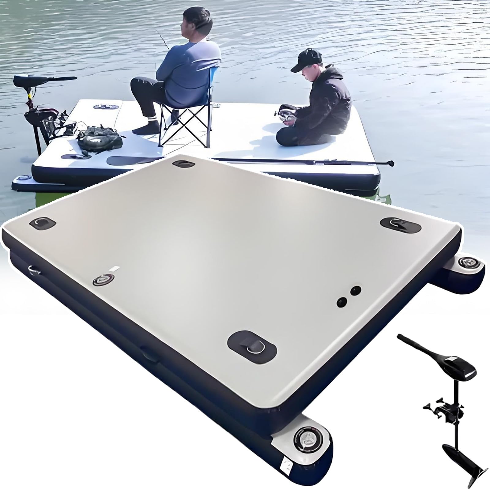 Pontón flotante inflable de alta capacidad 200 kg espesor 30 cm con hélices para pesca y actividades acuáticas al aire libre