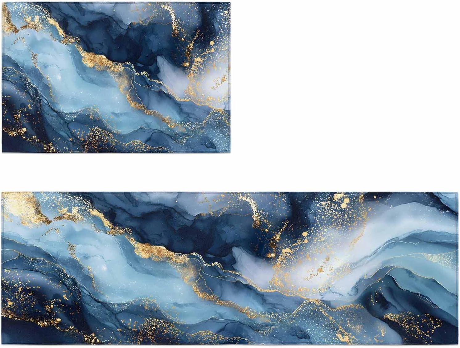 Kitchen Runner Rug, Navy Blue Marble Texture Ombre Non Slip Runner Carpet Door Mats Floor Mat for Laundry Bedside Bathroom Bedroom Set of 2 Modern Minimalist Art