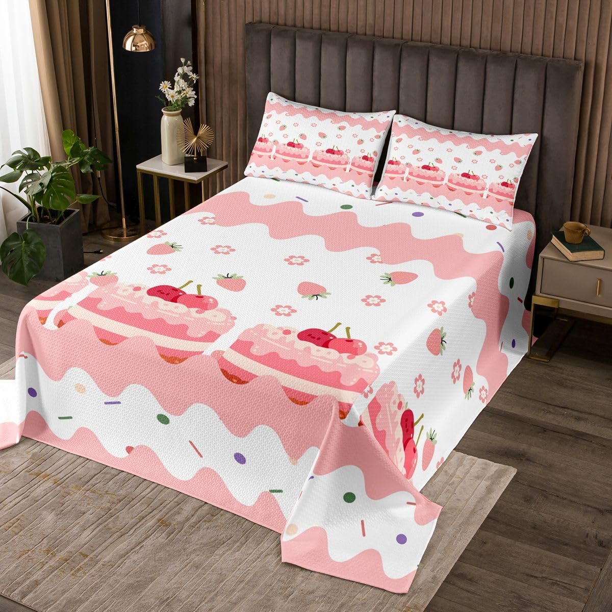 Castle Fairy Pink Strawberry Quilt Sets Twin Size,Cream Cake Bedspread Coverlet 2Pcs for Kids Girls Boys Room Decor,Cute Florals Quilts Set Sweety Princess Bedding Comforter,1 Pillowcase