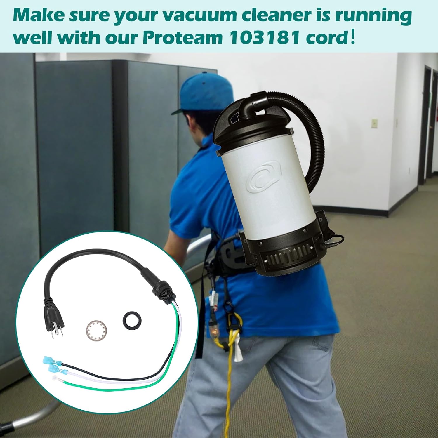 103181 Power Cord Replacement Proteam Vacuum Cord, Replace Proteam Sierra Backpack Vacuum Cleaner Parts, 16 Gauge 3 Wire with Nut & Washer