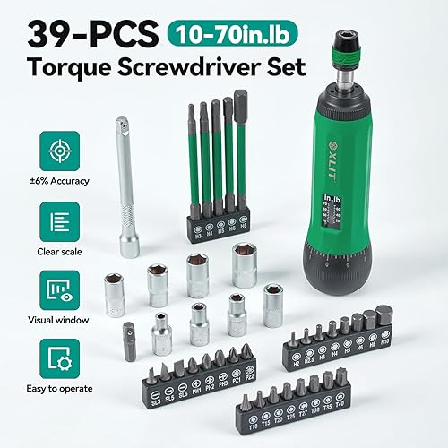 Miniatura 5 de Juego de destornilladores dinamométricos de 39 piezas, cabezal hexagonal de liberación rápida de 1/4 pulgadas, ajustable de 10 a 70 pulgadas, juego