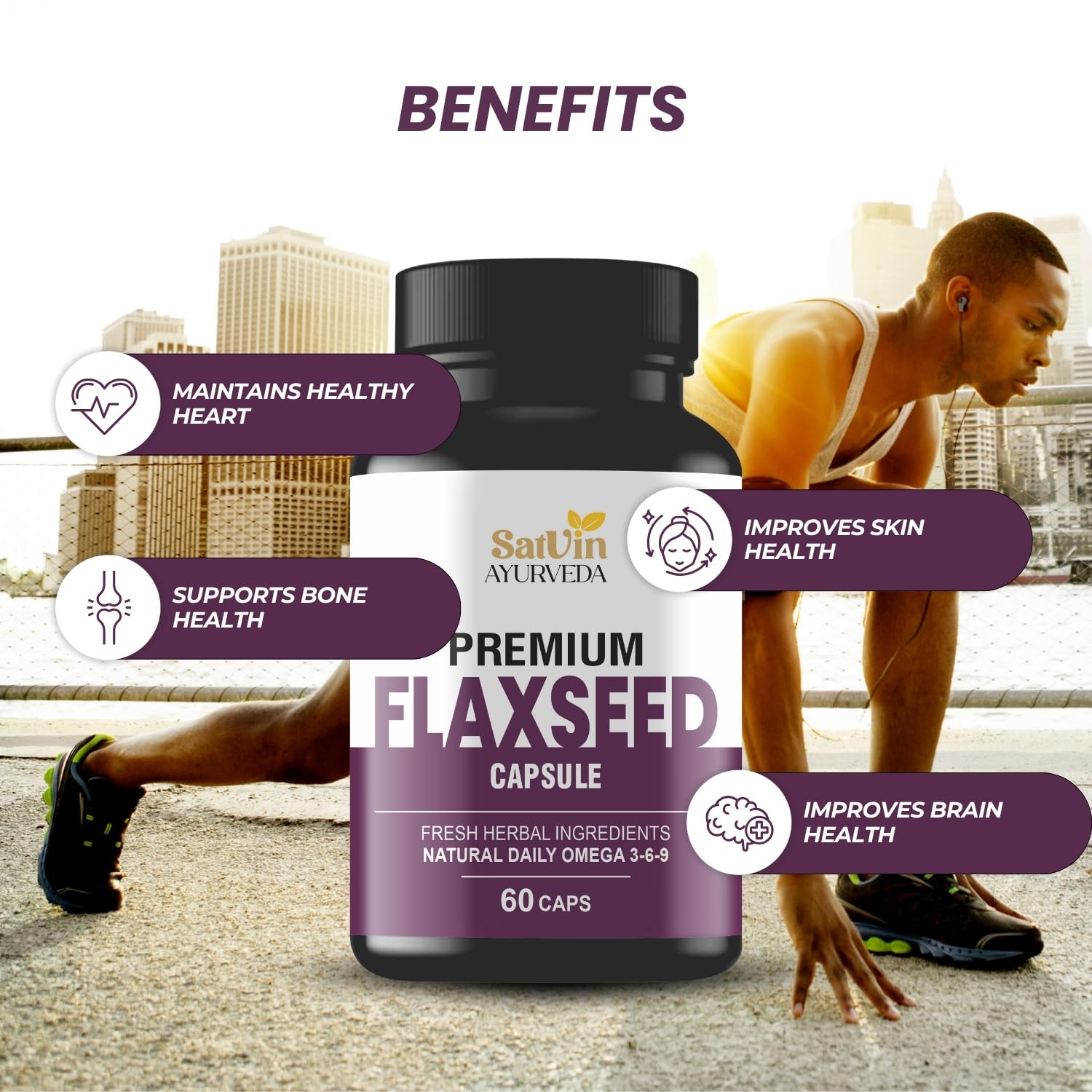 Satvin Ayurveda Premium Flaxseed Capsule | Omega 3-6-9 supplements | Cold-represented linseed oil for heart, skin and joint health | Herbal Daily Wellness | 60 Vegetarian Capsules Satvin Ayurveda Premium Flaxseed Capsule | Omega 3-6-9 supplements | Cold-represented linseed oil for heart, skin and joint health | Herbal Daily Wellness | 60 Vegetarian Capsules