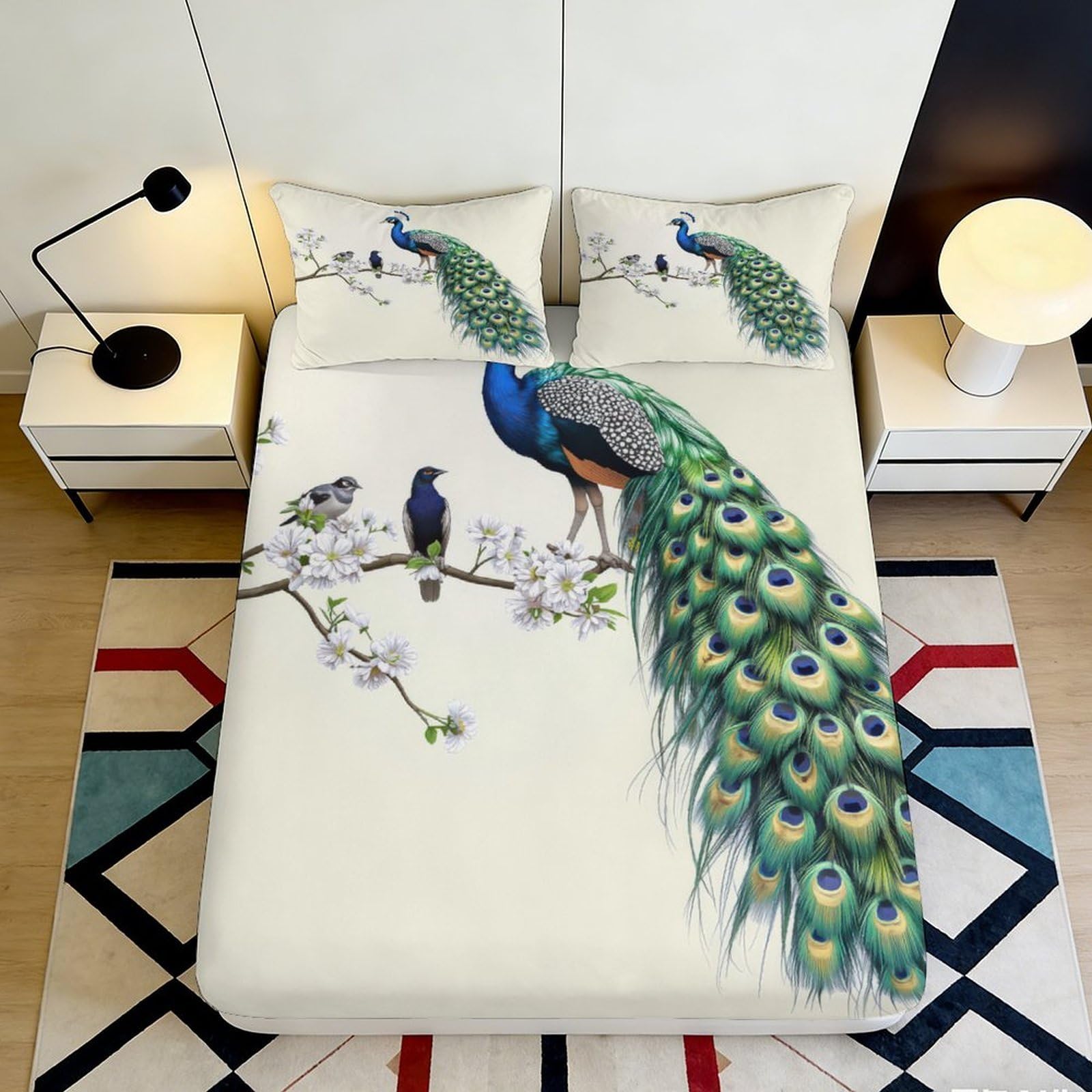 3D Printed Peacock Blossom Fitted Sheet Microfiber Soft Decorative Bird Mattress Cover for Bedroom Guest Room Dorm Decor 90x200x25cm