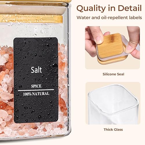 Miniatura 6 de ComSaf 16 tarros de especias de vidrio con tapa de bambú, recipientes cuadrados herméticos de 6 onzas con 275 etiquetas negras, tarros de condimento