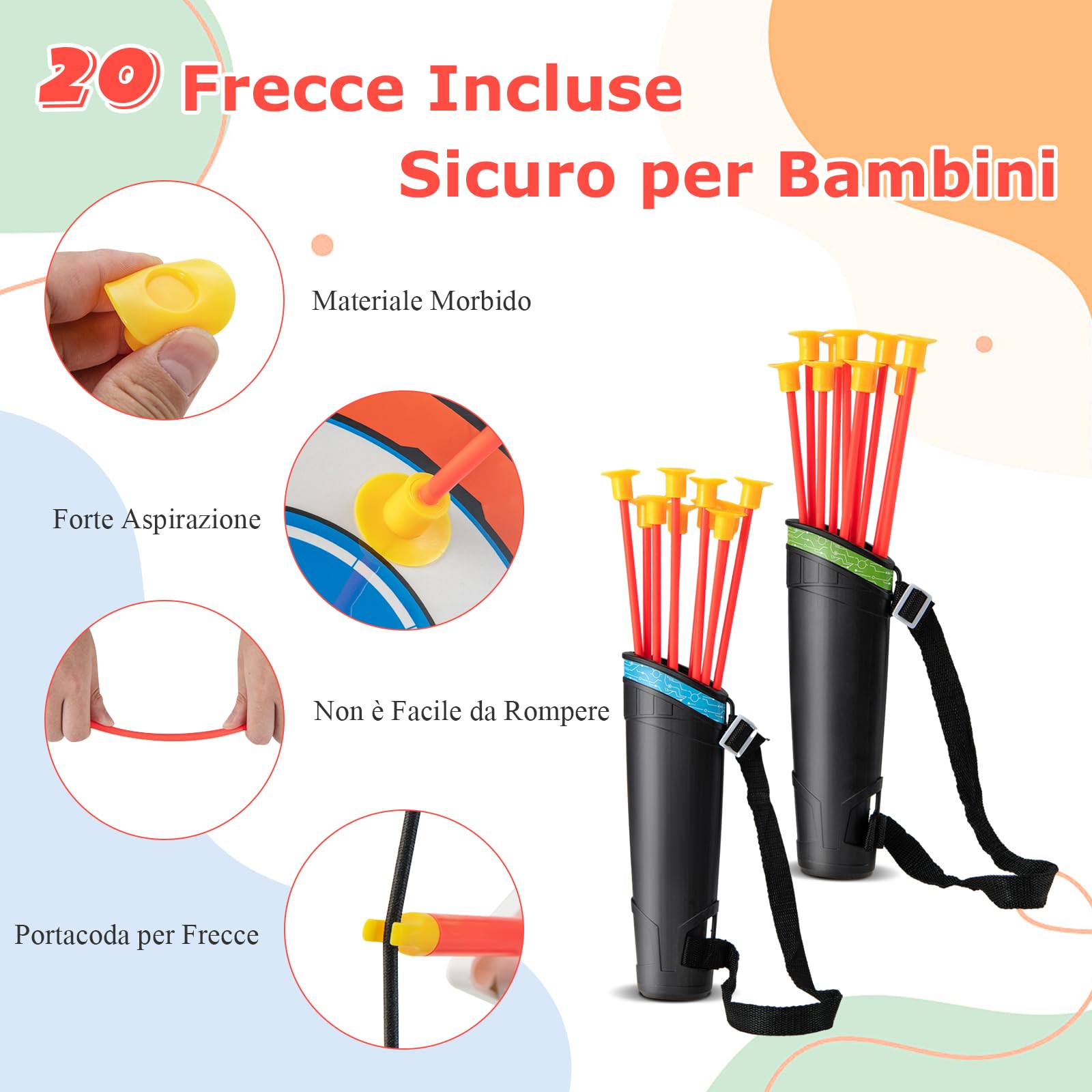 GYMAX Set di 2 Archi e Frecce a LED per Bambini con 20 Frecce a Ventosa, 2 Faretre e Bersaglio