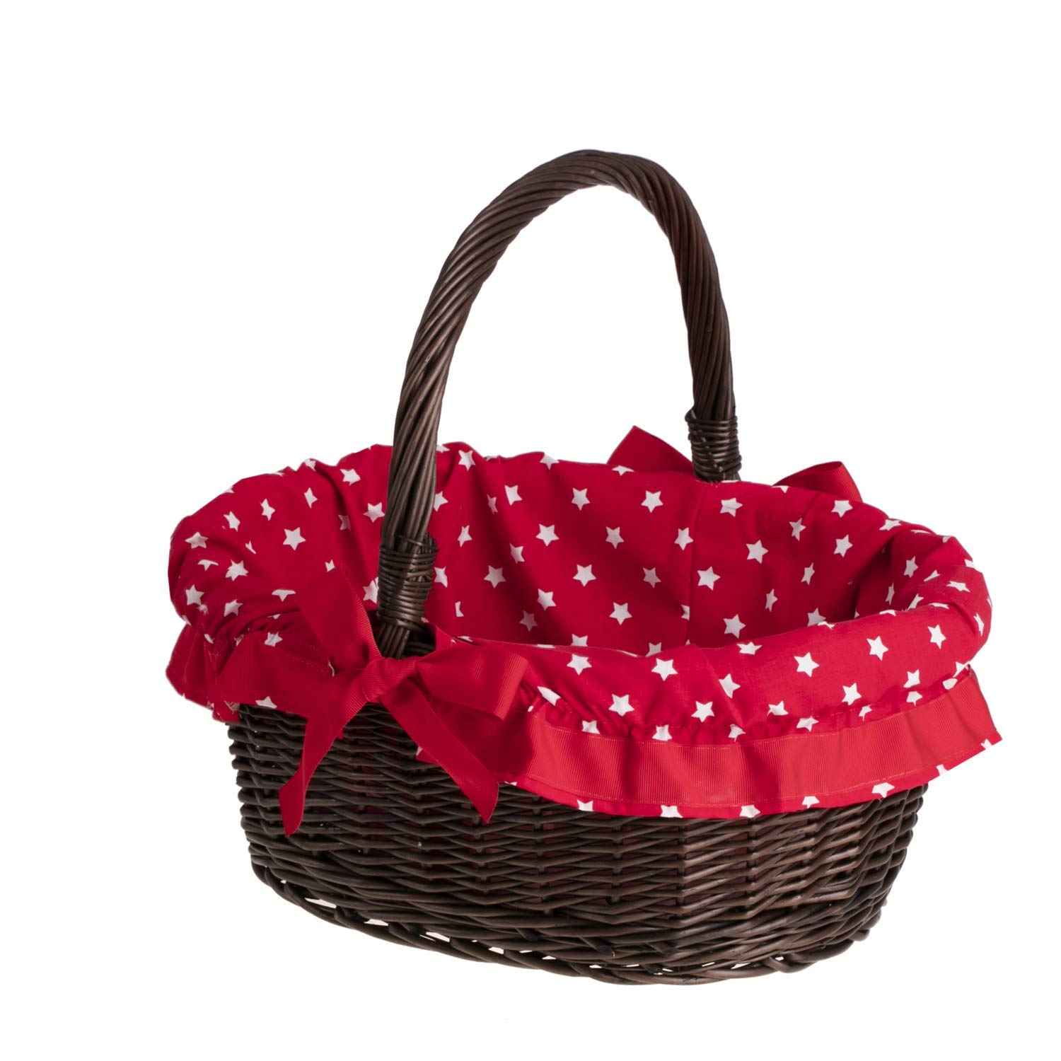 Expositor, cesta de mimbre con asa, cesta de mimbre góndola de la compra con una funda extraíble rojo marrón grisáceo estampado pequeñas estrellas blancos