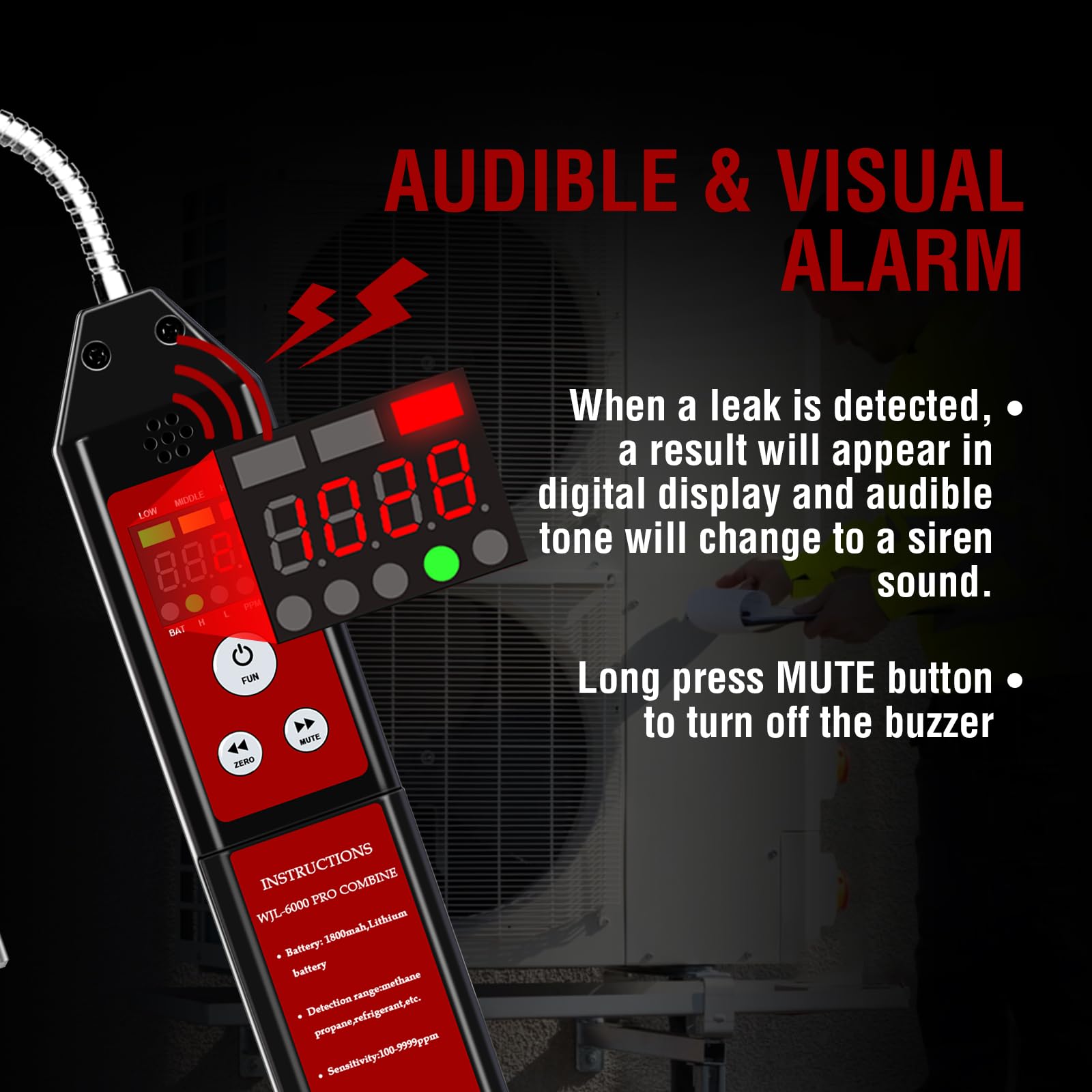 WJL-6000 PRO REFRIGERANT Detector de fugas de refrigerante, Detector de fugas de halógeno HVAC,Detector de Fugas de Gas,Comprobador de gas portátil con alarma de pantalla LED R32 R454B R134a R410a (1)