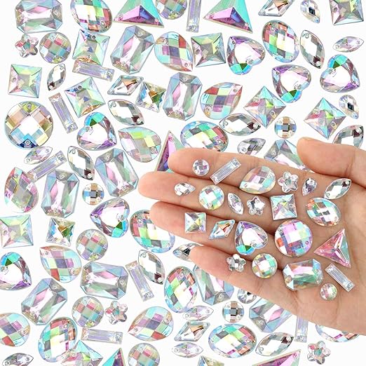 1000 Pieces Sew on Rhinestones Large Big Sew on Crystals Sewing Gems Jewels Acrylic Mixed Shapes Rhinestone with Sewing Holes for Clothes DIY Crafts Costume Garment Shoes (Crystal AB)