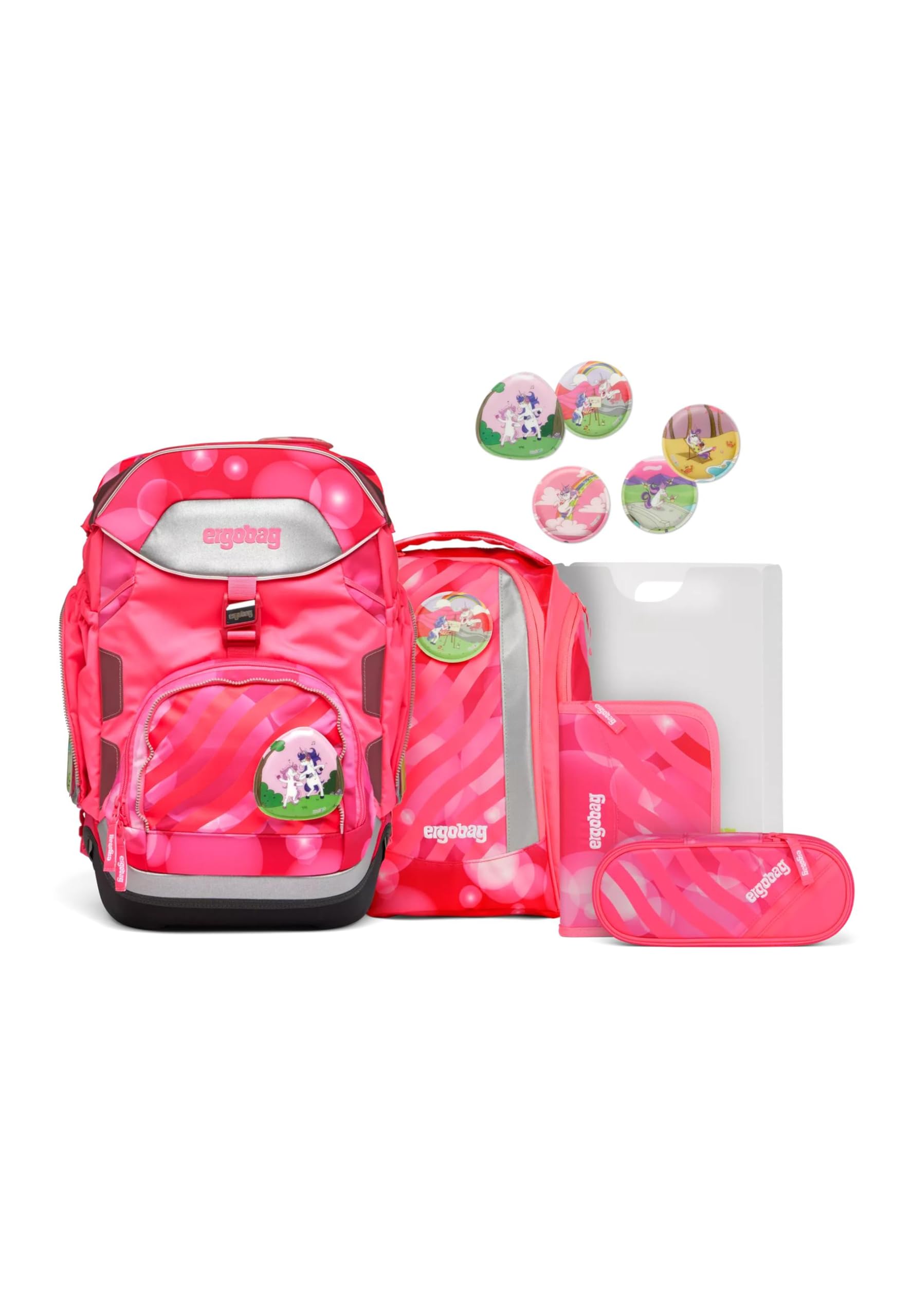 ergobag Schulranzen-Set Pack Set KuntBärbuntes Einhorn - Pink | 6-teiliges Set mit flexiblem ergonomischem Schulrucksack aus der Vorgänger-Kollektion für die 1. Klasse Grundschule