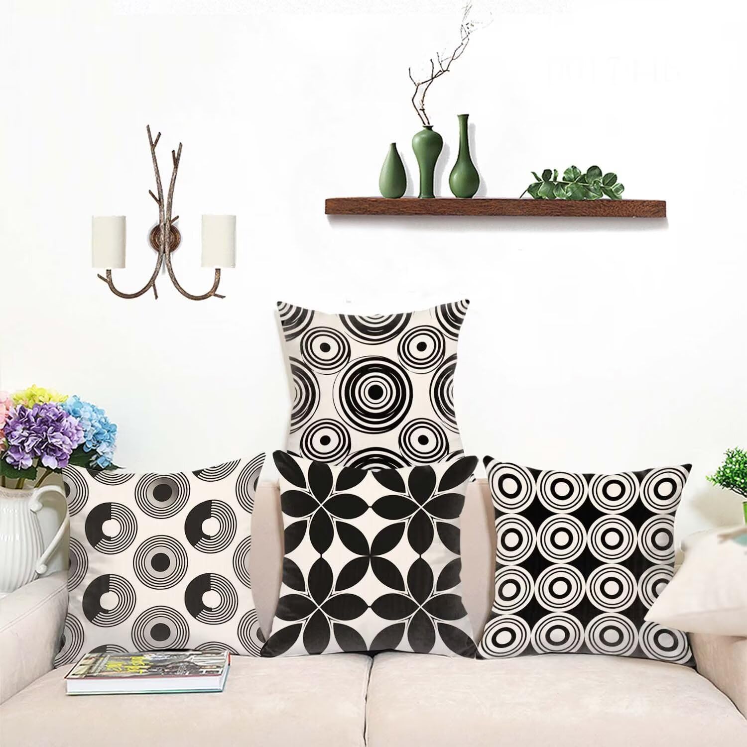Housse de Coussin 65x65cm Lot de 4 Housse Coussin Doux Coussin GéOméTrie Canapé Taie d'oreiller Noir Et Blanc Housses de Coussin en Doux pour Chambre, Chaise, Salon, Jardin, Canapé Decoration mu-224
