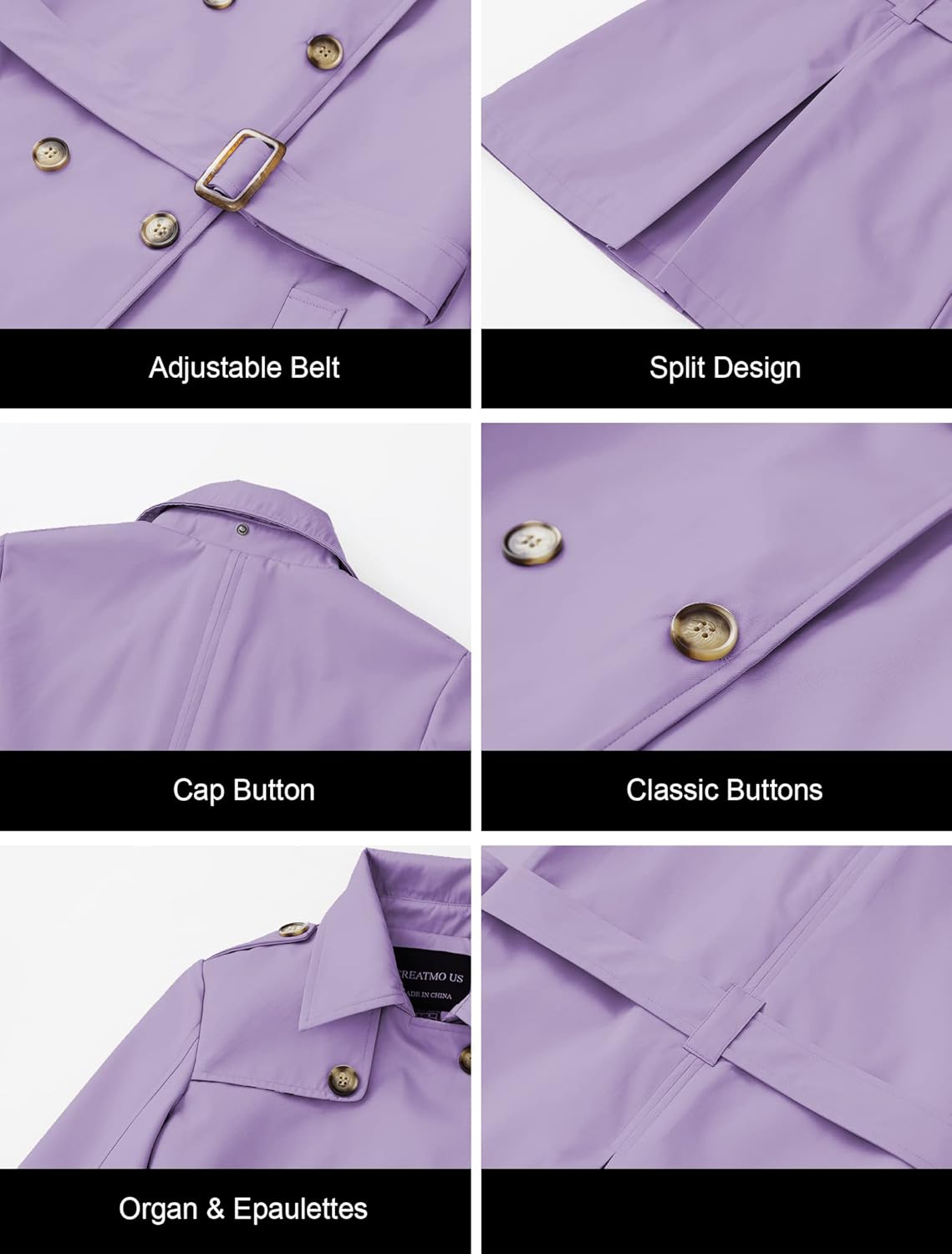 CREATMO US Women's Trench Coat Double-Breasted Classic Lapel Overcoat Belted Slim Outerwear Coat with Detachable Hood - Image 6