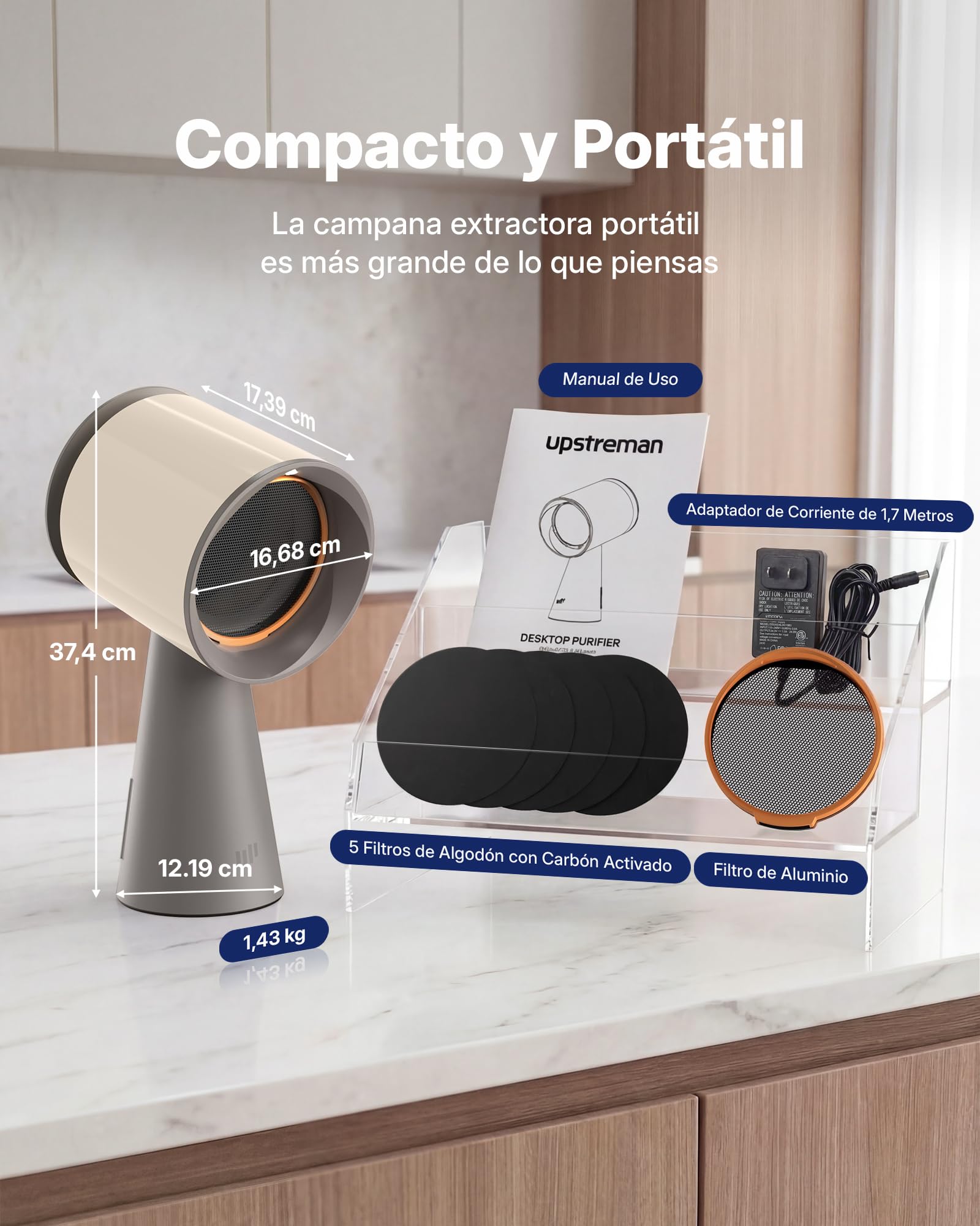 Upstreman Campana Extractora Portátil de Mesa con 3 Velocidades, Bajo Ruido, Recipiente Grande para Aceite y Filtro de Carbón de Aluminio Extraíble, Beige