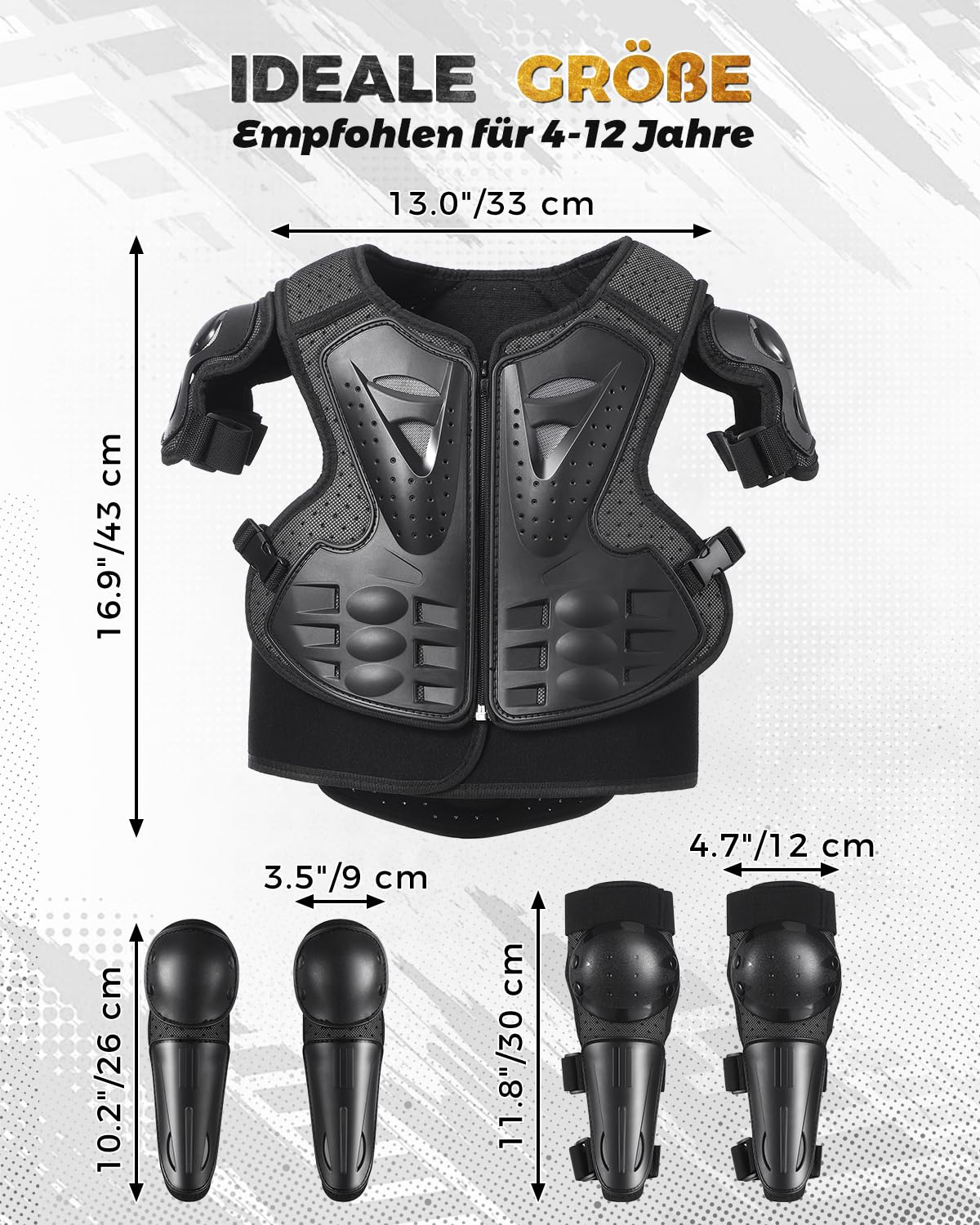 Kinder Schutzset für Fahrrad MTB Scooter, Verstellbare Schutzkleidung mit Brustbereich, Knie- & Ellenbogenschutz, Leicht für Outdoor-Aktivitäten