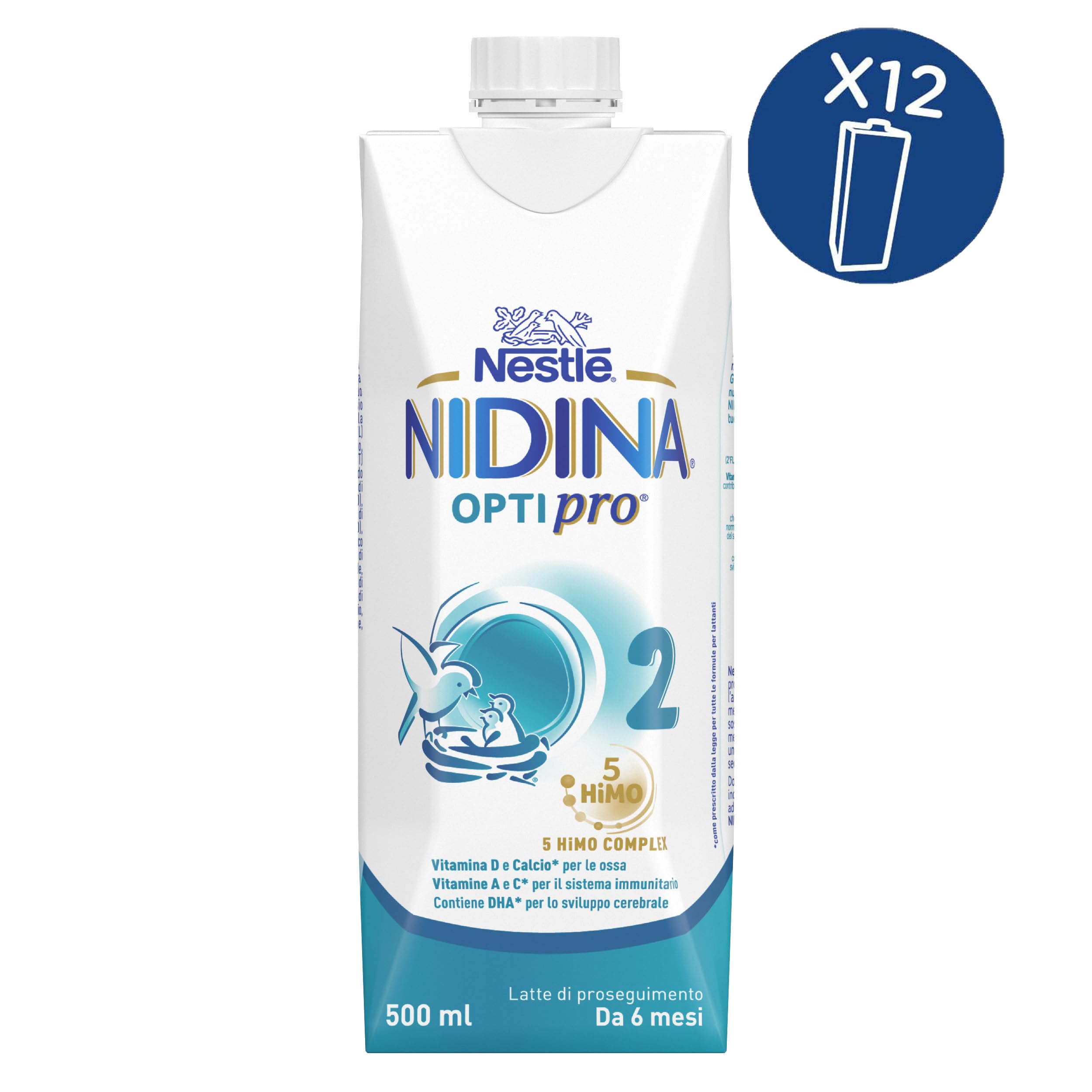 NESTLÉ NIDINA Optipro 2 Latte di Proseguimento Liquido da 6 mesi, 12 Brick da 500ml (6L)