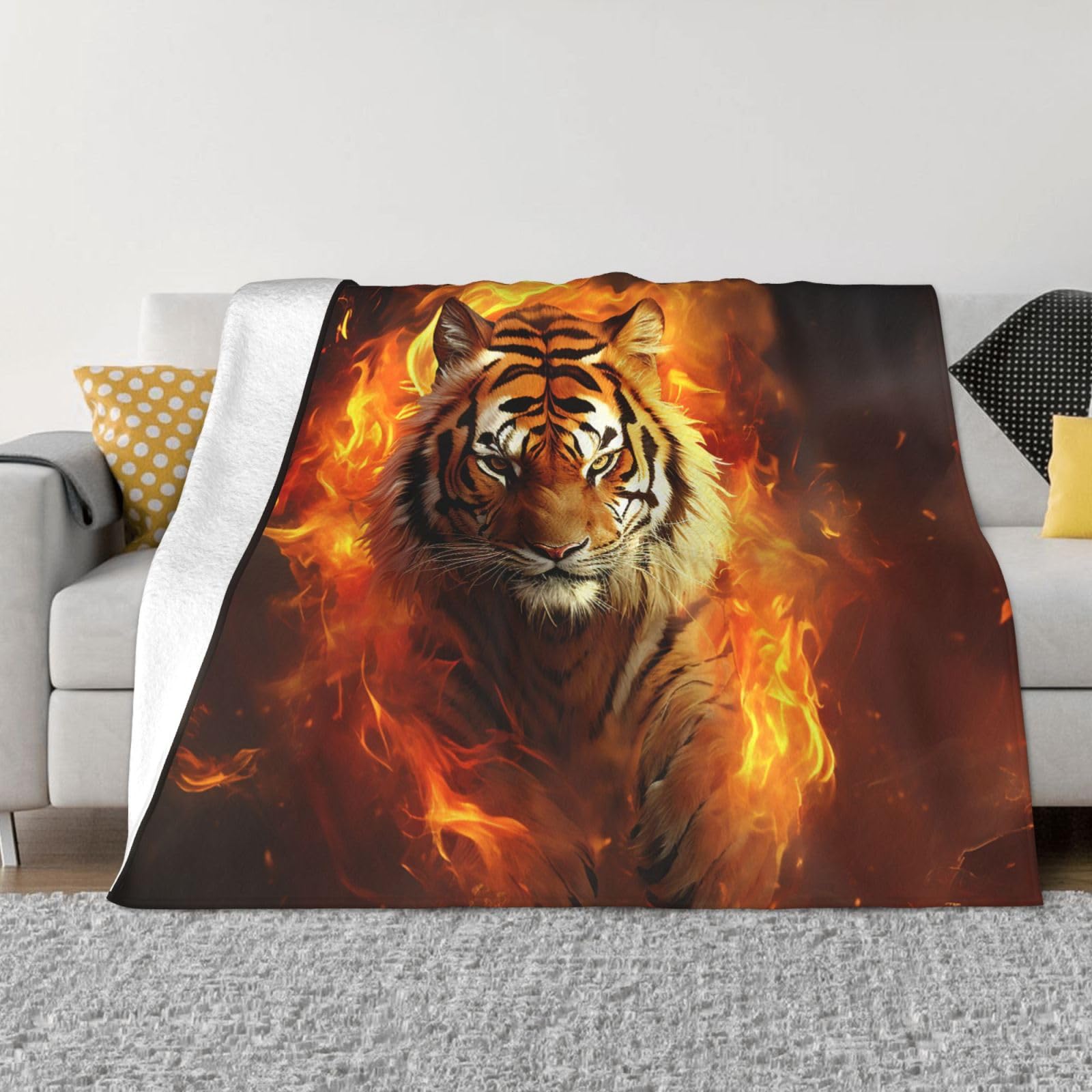 KLOPH Cool Tiger in Flame Throw Blanket 40"x30" Flannel Fluffy Warm Blanket for Couch, Reversible Plush Blankets for Bed, Comfy Fuzzy Blanket for Sofa, Plush Lightweight-Blankets for All Season