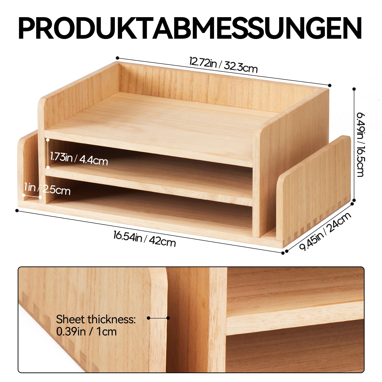 KIRIGEN Schreibtisch-Organizer, Dokumentenablage, Briefablage, Natur | 3 Ebenen, 5 Fächer; 42 × 24 × 16,5 cm; montiert; handgefertigt; Paulownia-Massivholz; Zapfenbauweise; Pflanzenöl-Finish
