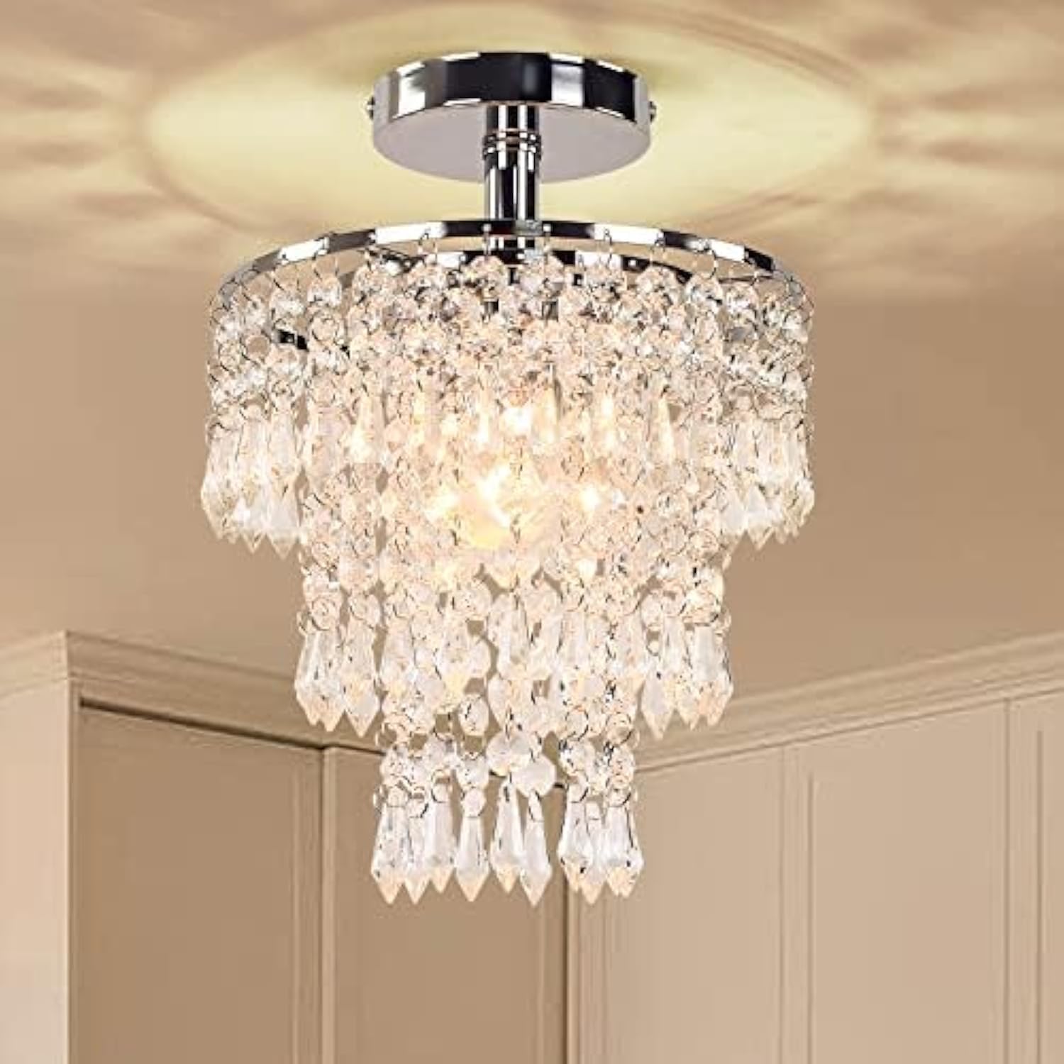Mini Size Crystal Chandelier Modern Flush Mount Ceiling Lights 3 Tiers Raindrops Crystal Pendant Lighting Fixture Decoration for Bedroom Hallway Living Room,E26 Base,Chrome