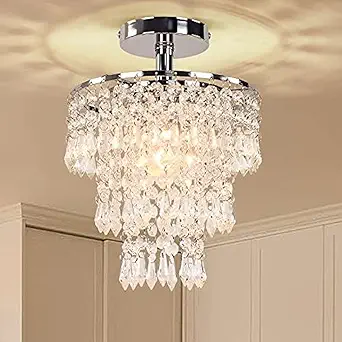 Small Crystal Chandelier LED Ceiling Light, 3 Tiers Raindrop Design, Chrome Finish, E26 Base