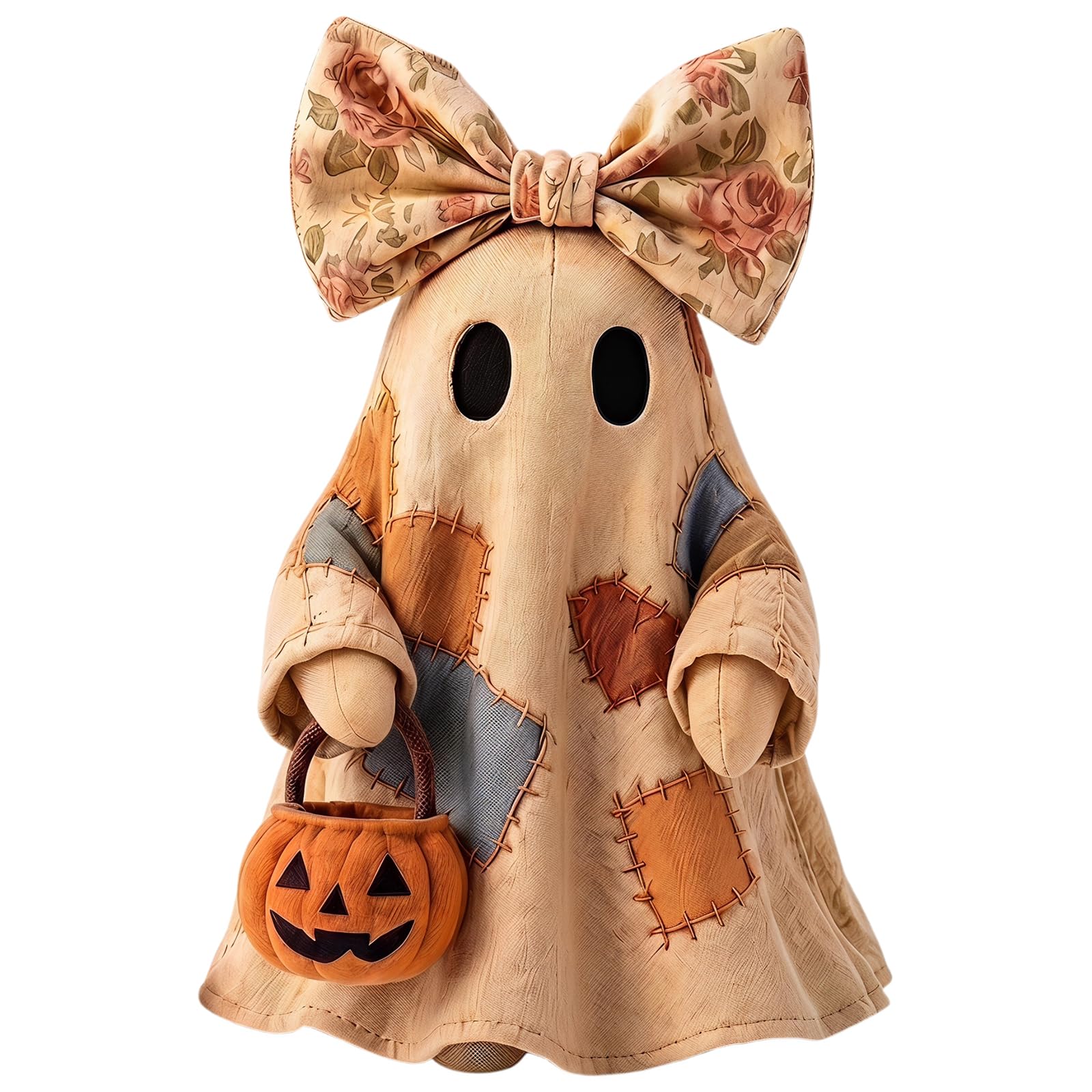 1PCS Lighted Vintage Resin Patchwork Ghost, LED Ghost Tabletop Figurine with Pumpkin Bucket, Vintage Halloween Patchwork Ghosts Lamp Rustic Fall Figurine Decoration for Mantel Shelf Entryway Porch