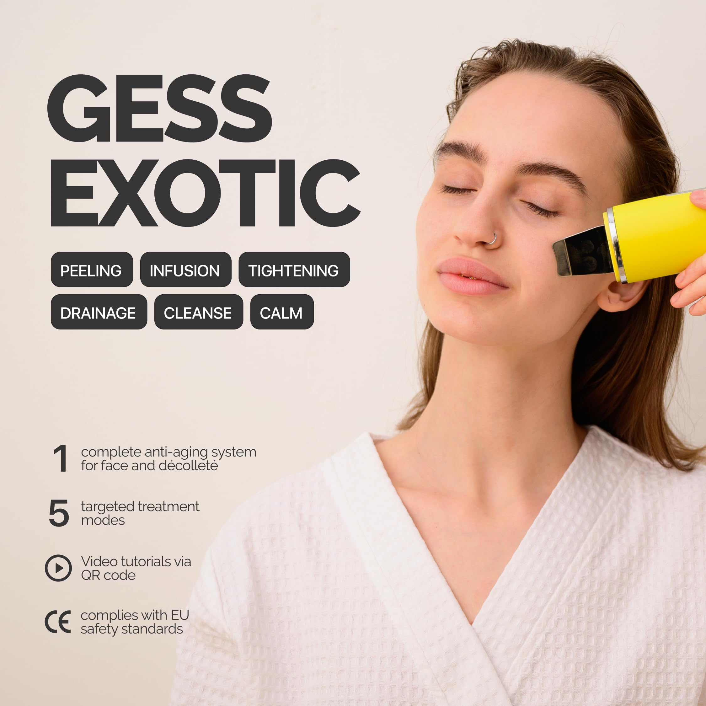 GESS Exotic Ultraschall-Gesichts-Lifting-Gerät - sanftes Peeling, Hautstraffung, Anti-Aging Pflege-System für trockene & reife Haut mit Chromotherapie und Videoanleitung