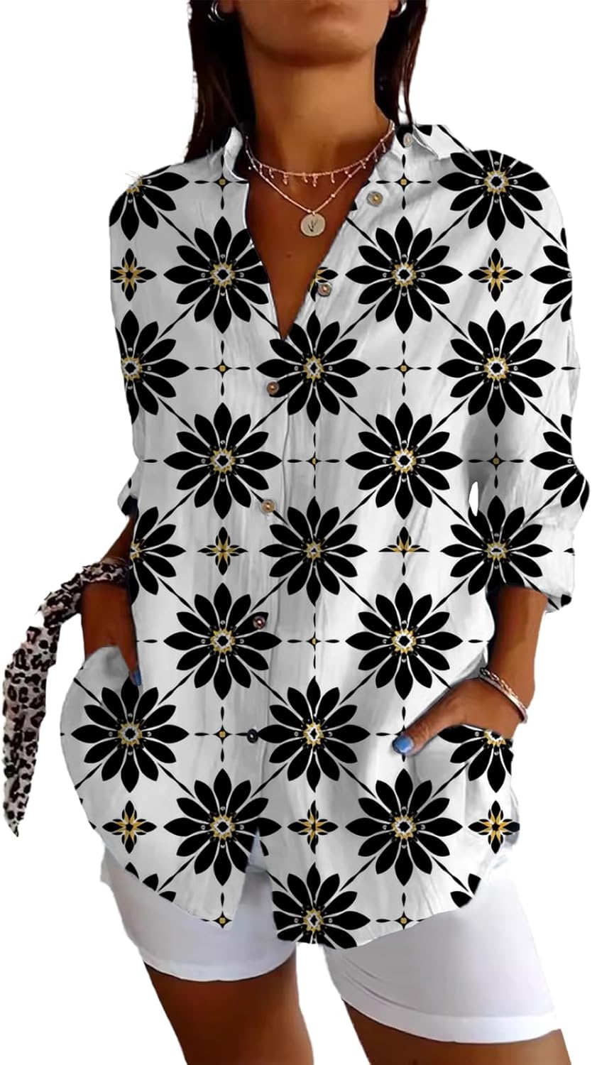 Summer Shirts for Women Flowy Button Down V Neck Casual Baggy Floral Printed Long Sleeve Ladies Daily Beach T Shirt