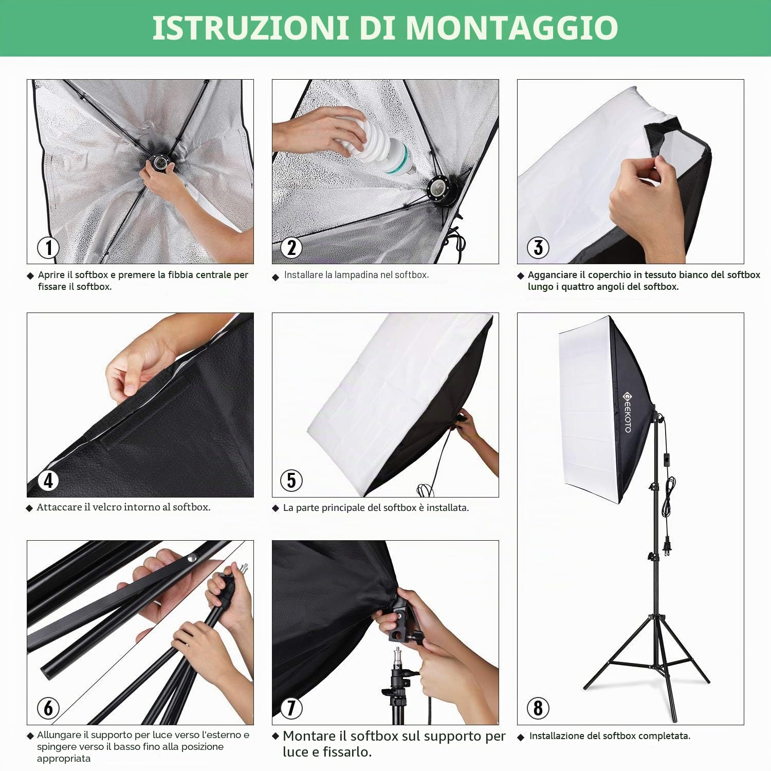 GEEKOTO Softbox Kit di Illuminazione 50 x 70cm, Luci da Studio Fotografico con 2 Lampadine E27 85W 5500K, 2m Supporti Regolabili per Ritratti in Studio, Fotografia Prodotti, Foto di Moda, Video, ecc.