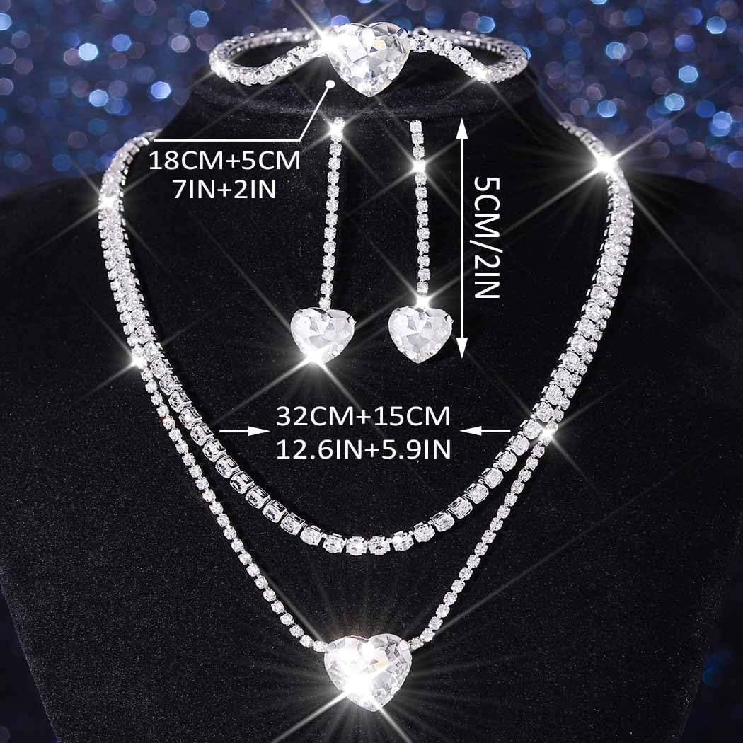 Unicra Silver Rhinestone Necklace Earrings Bracelet Sets Bridal Wedding Jewelry Set Heart Costume Jewelry Sets for Women and Brides - Image 2