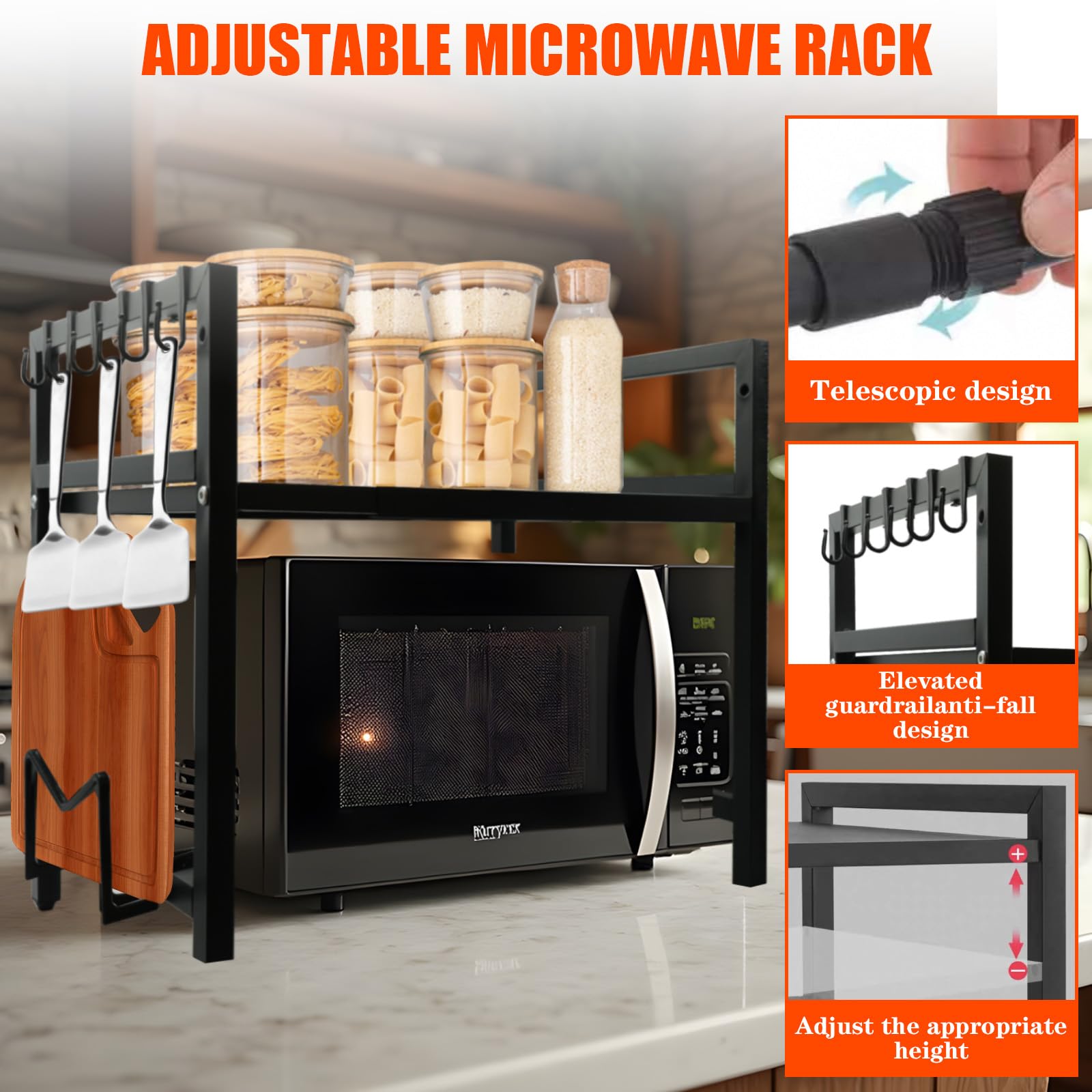 Mensola Microonde, Scaffale Cucina Estensibile 2 Livelli con 6 Ganci, Regolabile Microonde Scaffale, Cucina Salvaspazio Organizzatore Ripiani, Mobiletto Cucina Retrattile 40-64cm