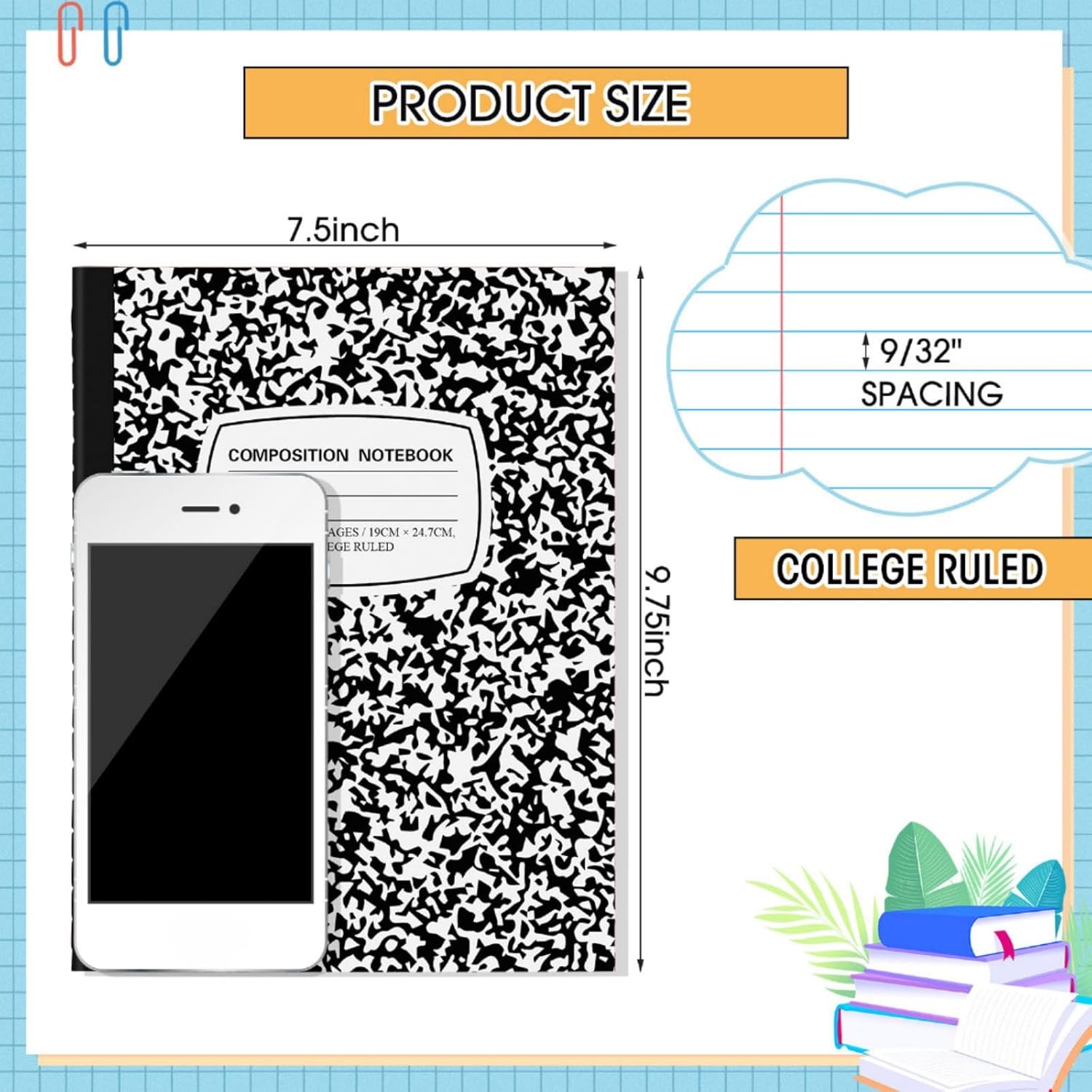 Fainne 60 Pack B5 Composition Notebooks Bulk 7.5 x 9.75'' College Ruled Composition Notebooks 50 Sheets (100 pages) Marble Covers Notebook for School Classroom Office Supplies(Black)