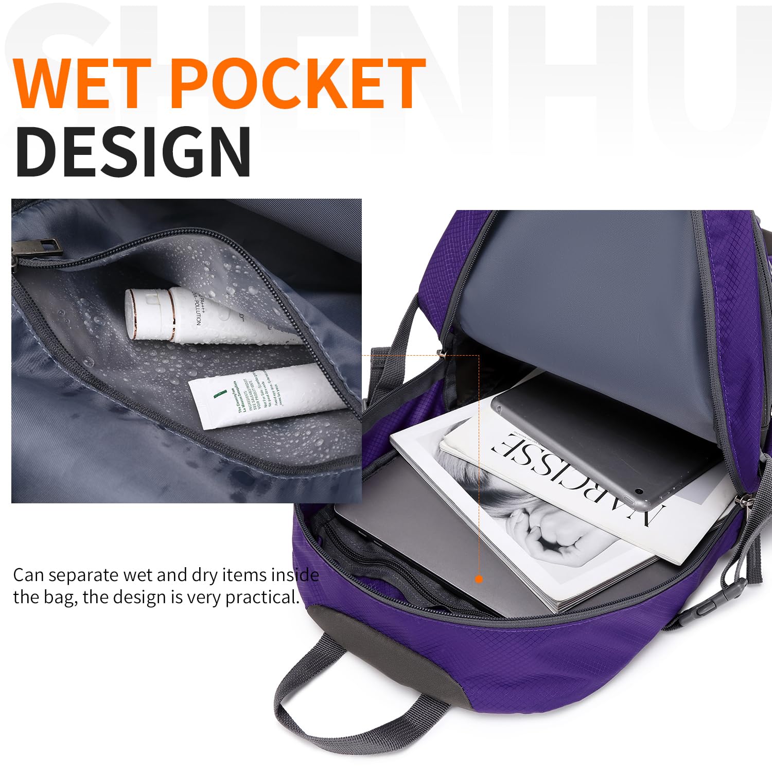 Plecak turystyczny 40 l wodoodporny plecak outdoorowy sportowy trekking, plecak kempingowy dla mężczyzn kobiet, Foldbale - Fioletowy