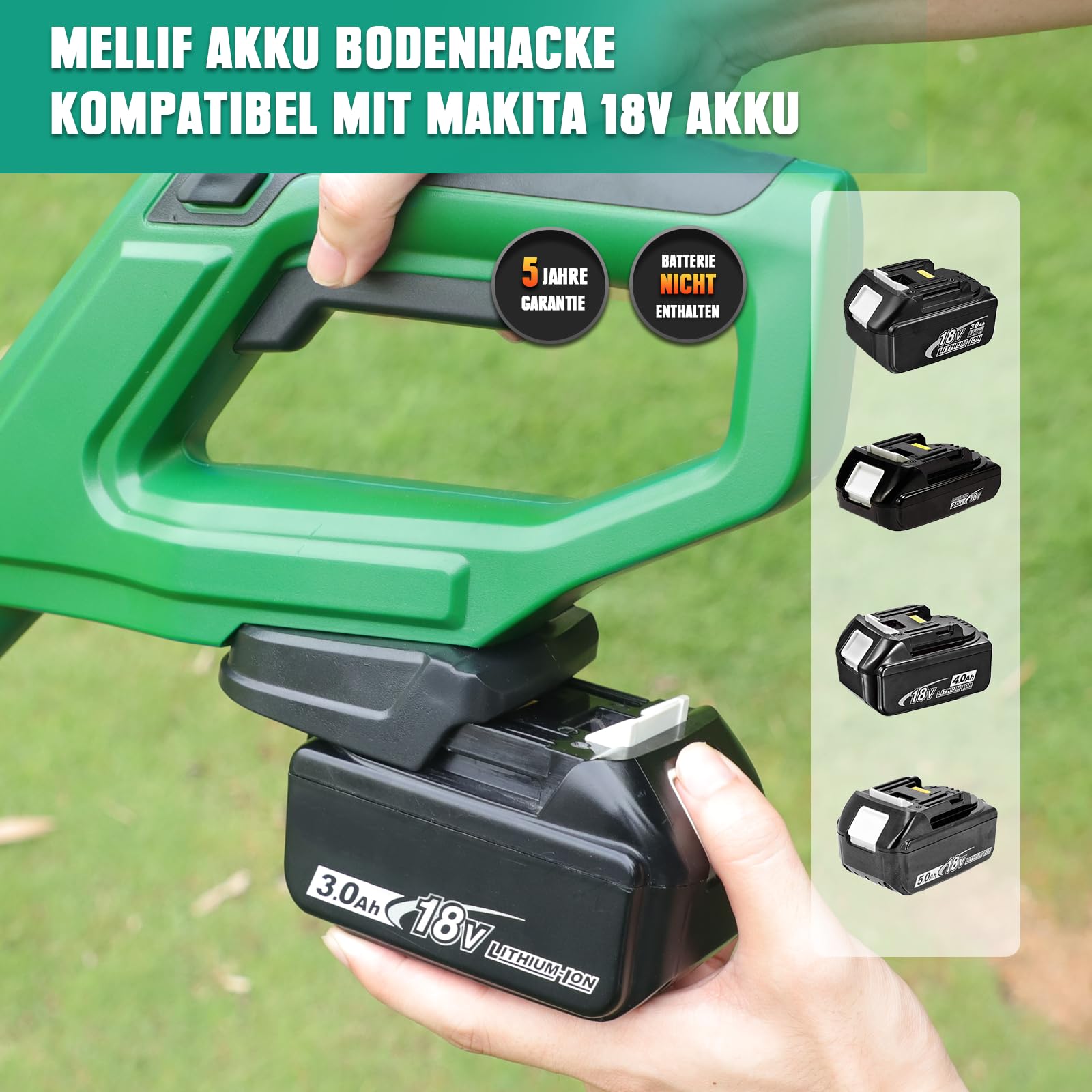 Mellif Akku Gartenfräse für Makita Akku 18V, elektrische Motorhacke mit 22cm Arbeitsbreite,15 cm Arbeitstiefe, Akku Bodenhacke für Bodenbearbeitung (Akku Nicht Enthält)
