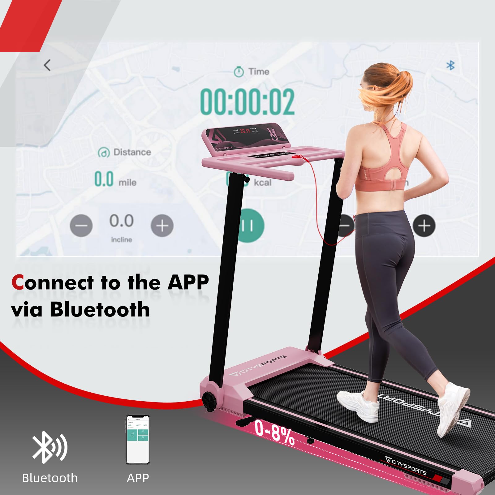 CITYSPORTS Folding Treadmill with 8% Incline,12km/h Portable  Treadmill,1400W Motor Walking Pad Foldable,120kg Weight Capacity,APP&LED  Screen