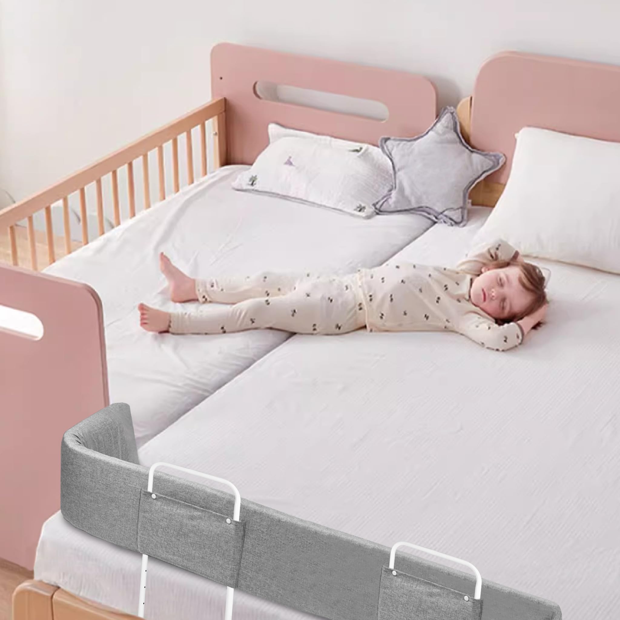 SUBTLETY Barrera para cama infantil, 100 cm, 5 agujeros, altura ajustable, protección para los bordes de la cama familiar y cuna (gris)