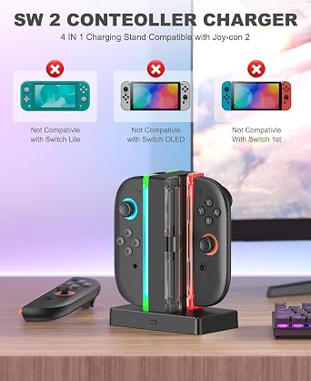 for Switch 2 Charging Station Dock Compatible with Playstation 3 Controller with USB C Charging Cable, 4 IN 1 Magnetic Switch 2 Charger Accessories with LED Indication