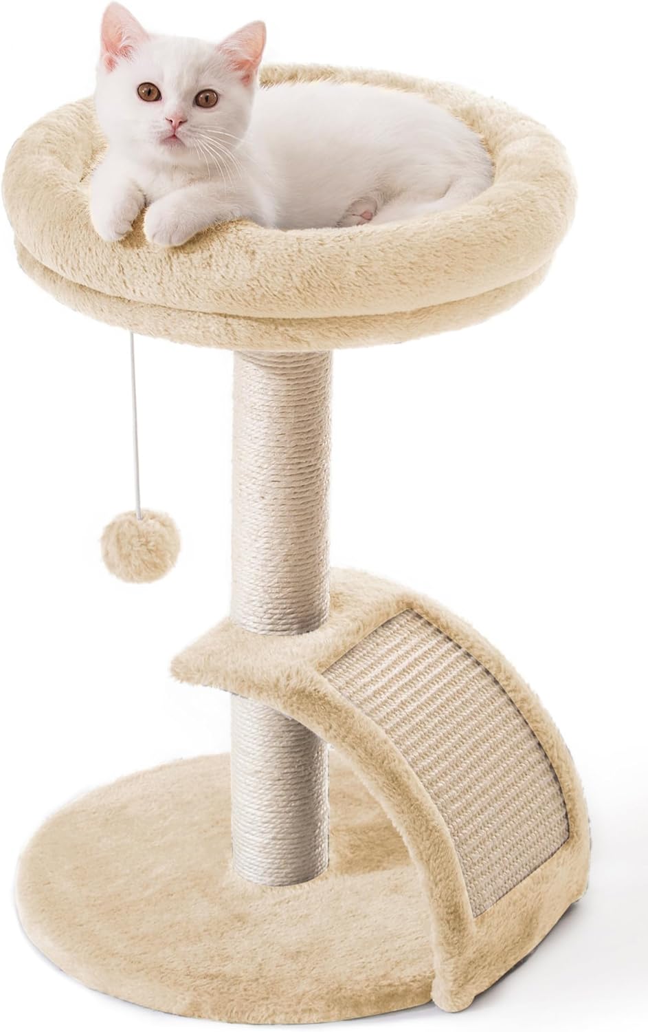 Cat Scratching Post Tower for Indoor Cats, Small Cat Tree Tower with Bed and Hanging Ball Toys, Short Modern Carpet Kitten Scratcher Stand with Large Round Perch and Scratch Ramp (Beige) Small Beige