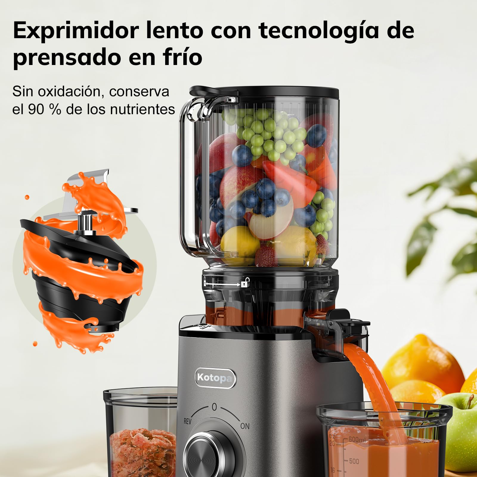 Kotopa Entsafter Gemüse und Obst Testsieger, Slow Juicer mit 120 MM XL-Einfüllschacht, 600 mL Saftbehälter, Elektrische Juicer Machine für Familien, Gesundheitsbewusste, Einfache Reinigung(Grau)