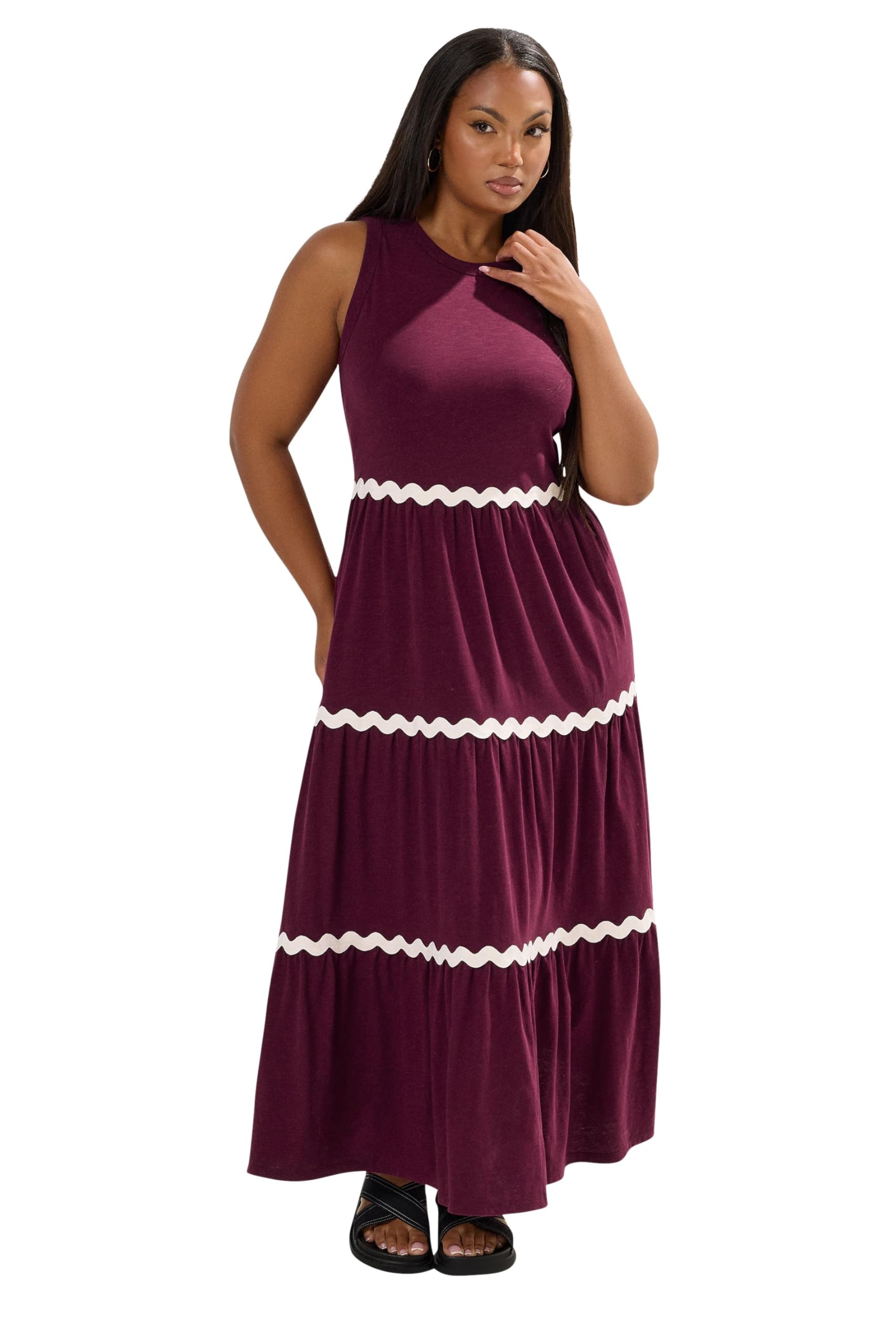 Yours Women's Burgundy Contrast Swirl Tiered Maxi Dress In | : 22/24