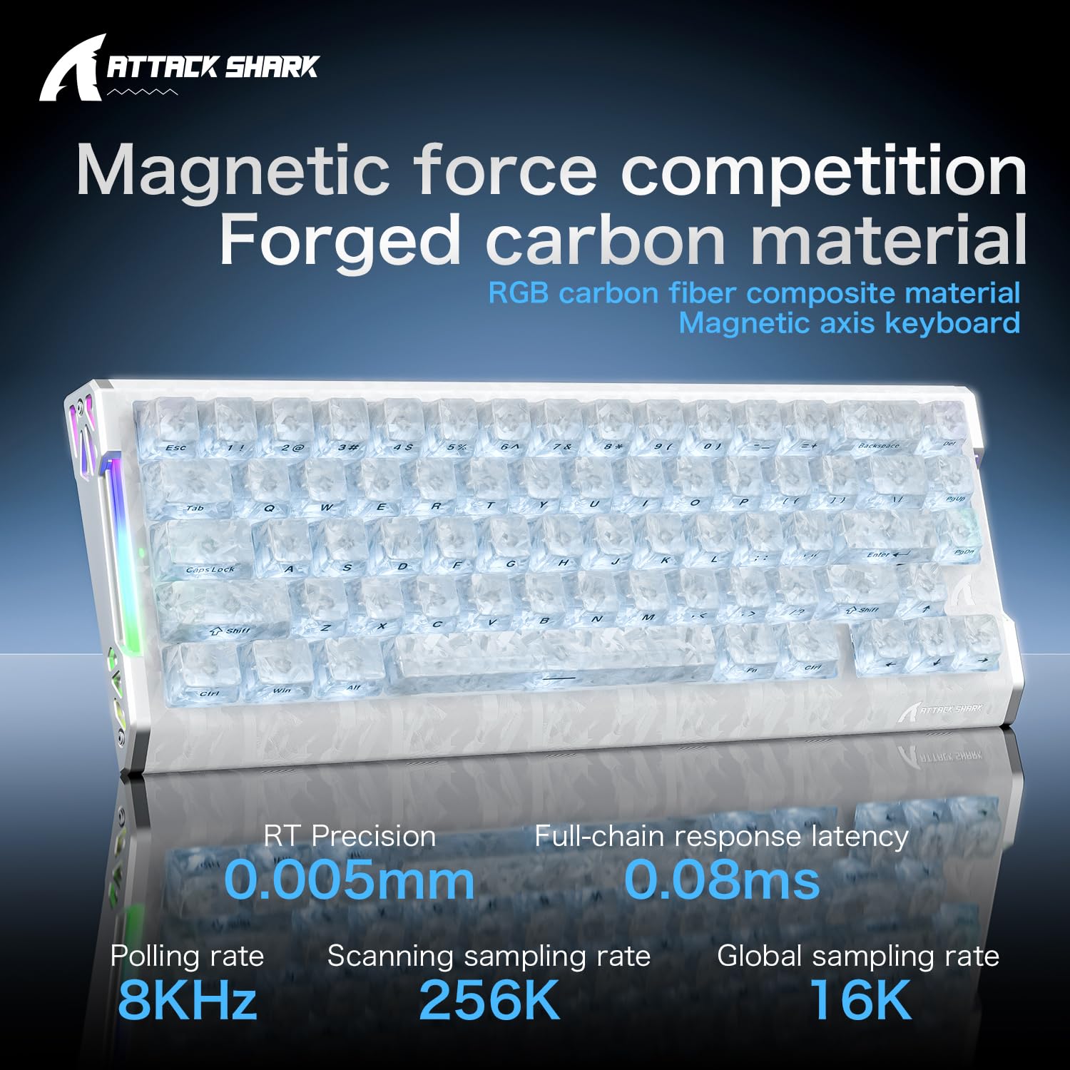 ATTACK SHARK R68HE Carbon Fiber 8000Hz Rapid Trigger Keyboard,0.005mm RT Accuracy 68 Keys Wired Gaming Keyboard with Magnetic Switch,Adjustable Actuation, Rapid Trigger,RGB Lighting for PC/Mac,White - 3