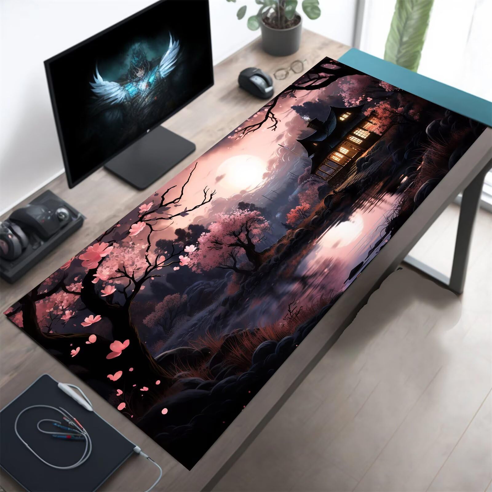 Grand Tapis de Souris de Jeu 1200 x 600 x 3mm, Tapis de Souris XXL Fleurs Cottage Lune, Optimisé pour Capteur, Haute Précision et Vitesse avec Bords Cousus pour Bureau et Gaming