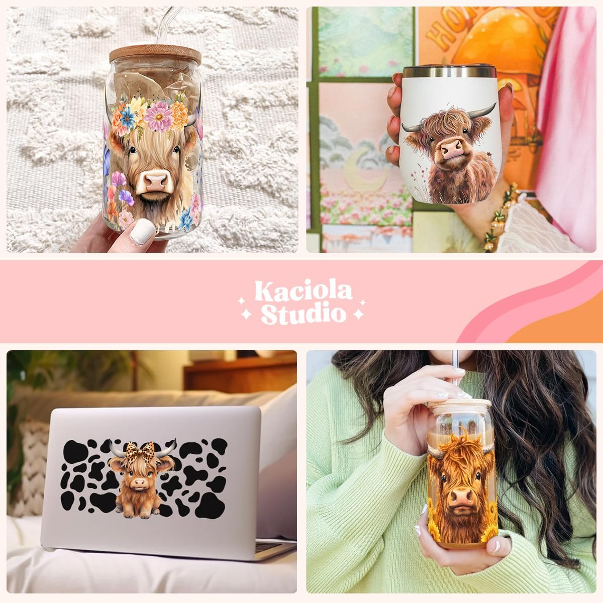 Kaciola 10 Sheets UV DTF Cup Wraps for 16 oz- Highland Cow Theme UV DTF Stickers, 1 Sheet Mysterious Pattern Transfer, Rub on Transfers Stickers for 16 oz Libbey Glasses Crafting