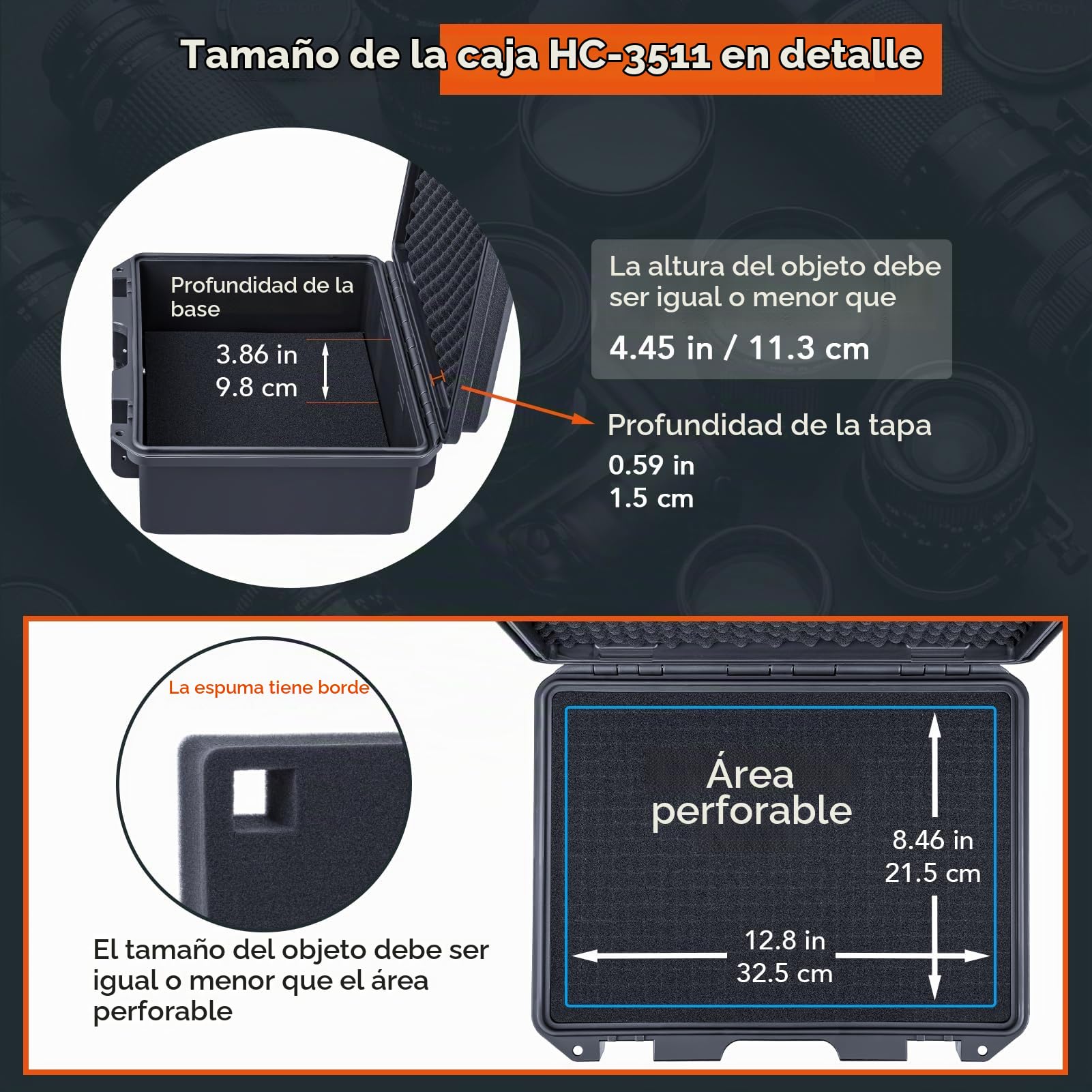 Lykus HC-3511 Maletín/Maleta/Estuche/Case rígida Impermeable con Espuma Personalizable, Tamaño Interior 34,9x24,69x13,49 cm, Adecuado para electrónica y más | Espuma impermeable IP67, apta para cámaras, lentes, equipos electrónicos y más