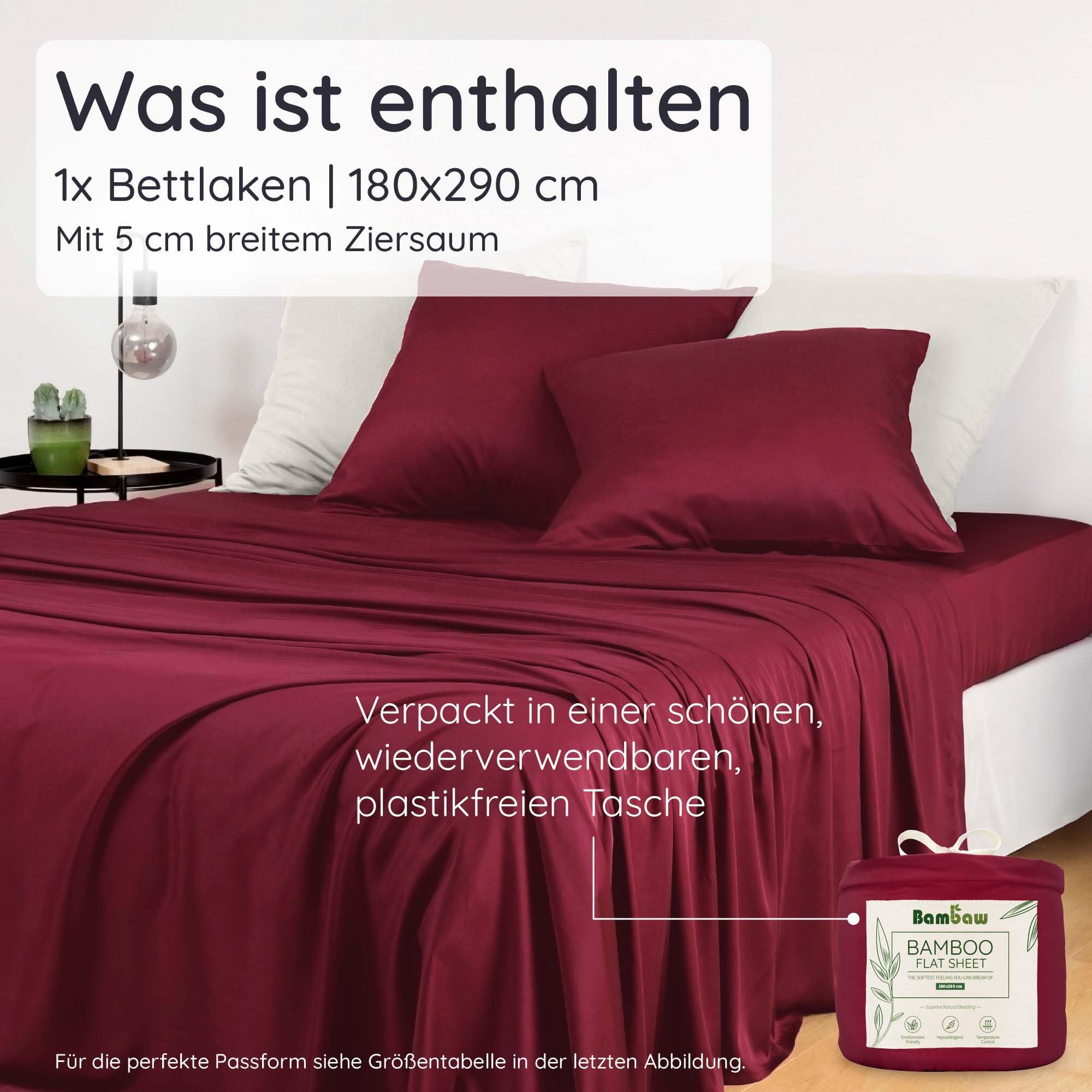 Bambaw Bambus Bettlaken ohne Gummizug 180x290 cm, hypoallergene für Allergiker Bettwäsche, 100% nachhaltige Bambus Bettwäsche, weiche Überschlaglaken, Bettlaken Sommer kühl ohne Gummi (Burgunderrot)