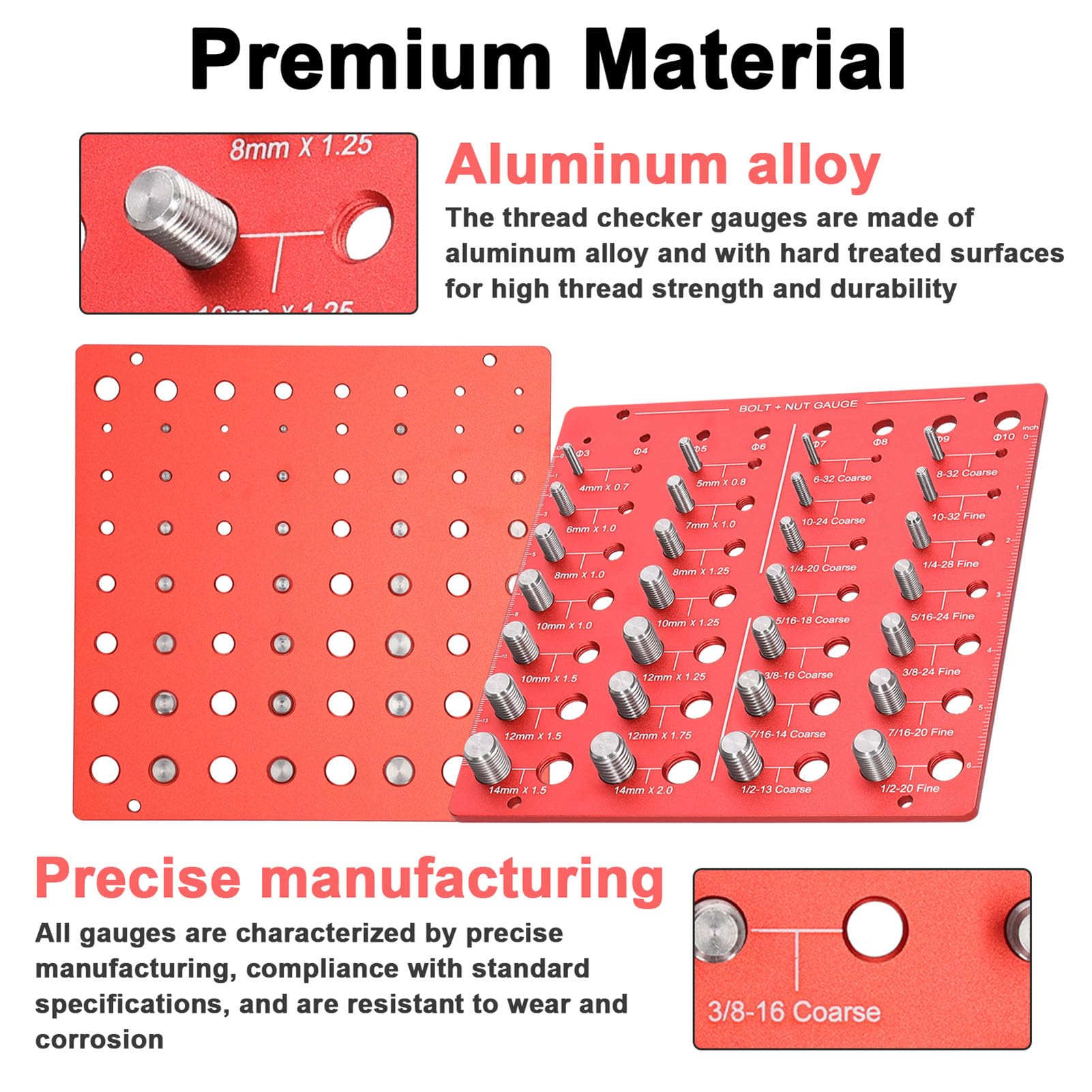 Testeur De Filetage, 28 Tailles de Filetages et 8 Tailles de Tonalités, Vérificateur Filetages en Aluminium, Nut & Bolt Thread Checker, pour Mesurer Dimension des Écrous et des Boulons