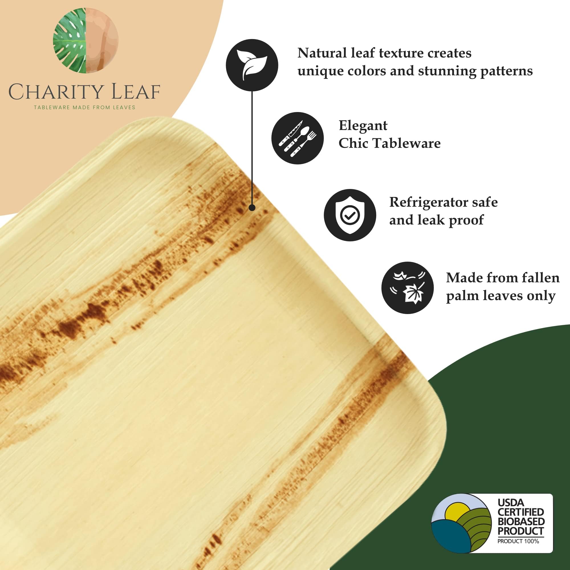 Charity Leaf Jednorazowe okrągłe talerze z liści palmowych 10 cm (50 sztuk) bambusowe talerze do serwowania, jednorazowe deski, ekologiczna zastawa obiadowa na wesela, catering, imprezy