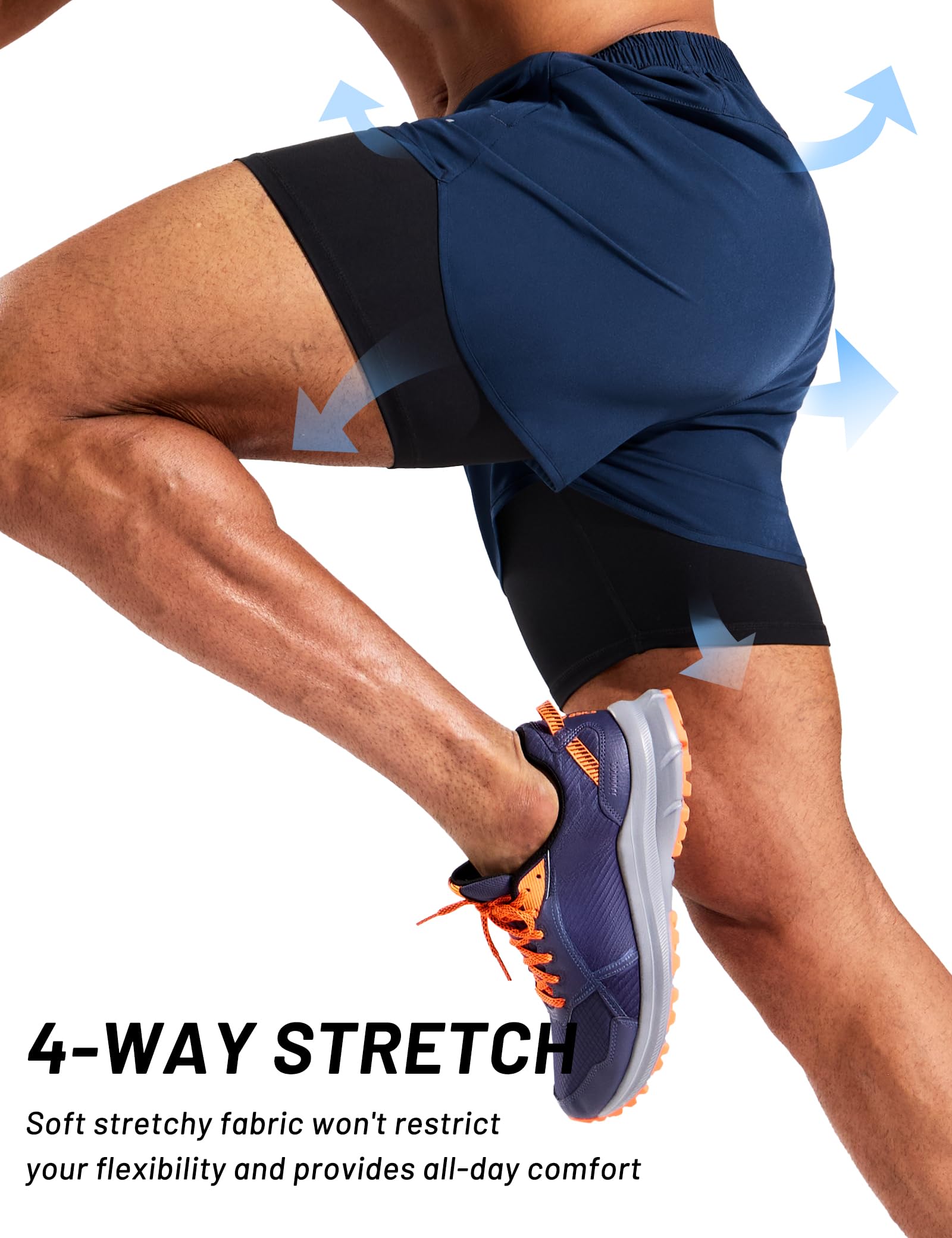 MIER Pantalones cortos de correr 2 en 1 para hombre, de secado rápido, para gimnasio, entrenamiento, atlético, con forro de compresión, 3 bolsillos con cremallera