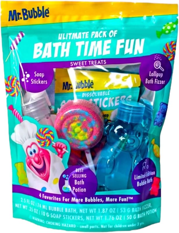 Mr. Bubble Sweet Treats Conjunto de Banho com Bomba em Formato de Pirulito, Espuma de Banho, Poção Efervescente e Adesivos de Sabonete