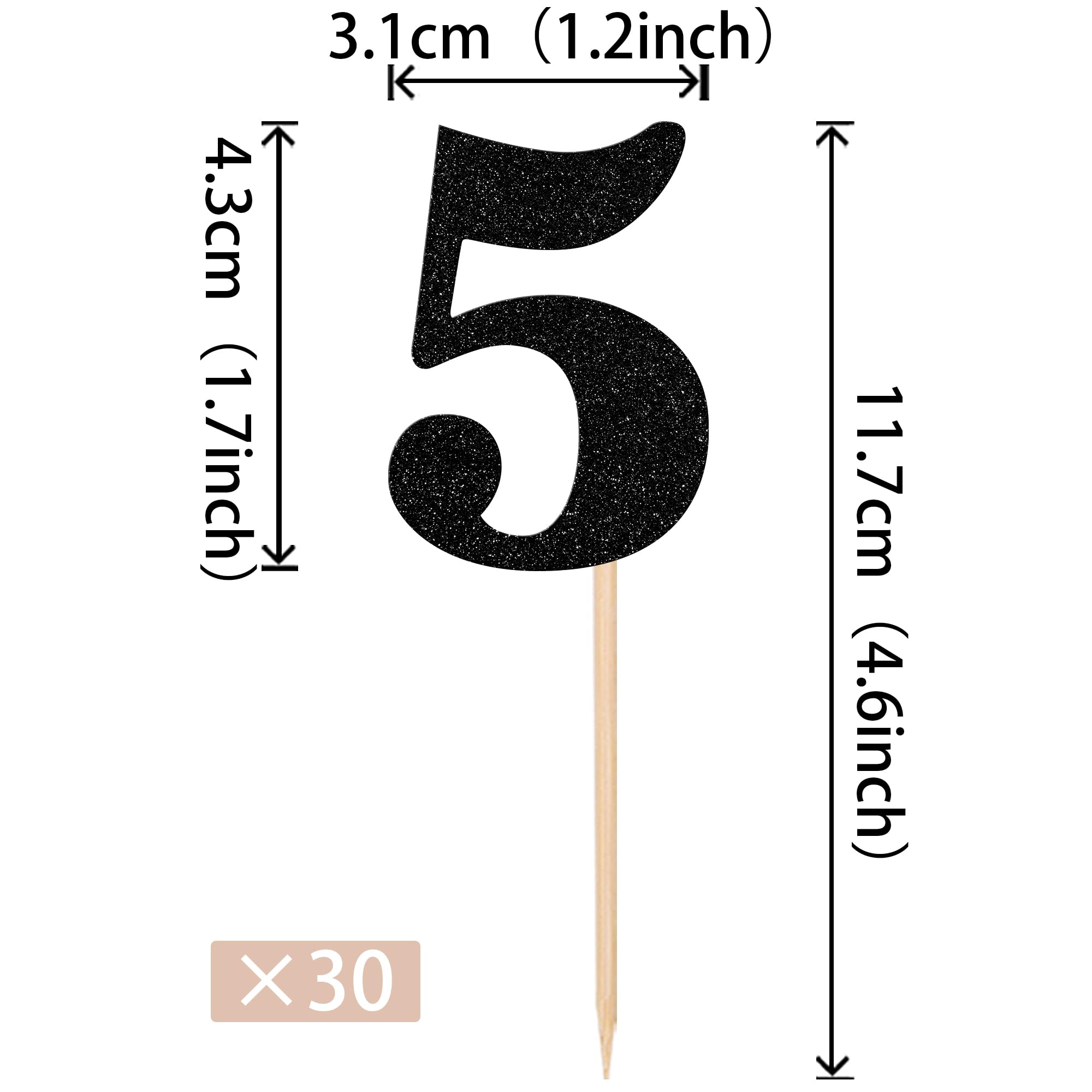 30 PCS 5th Birthday Cupcake Toppers Glitter Number 5 Cupcake Picks Age Five Cheers to 5 Years Old Cake Decorations for Baby Shower Kids Happy 5th Birthday Anniversary Party Supplies Black